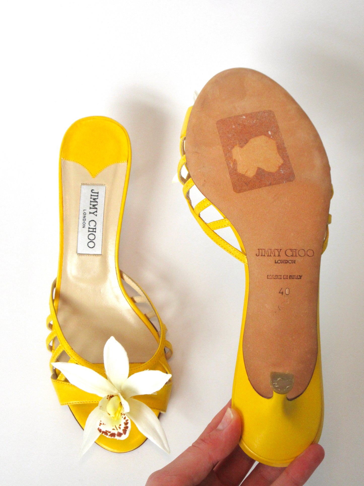 Reworked Upcycled Jimmy Choo Yellow Orchid Kitten Heels