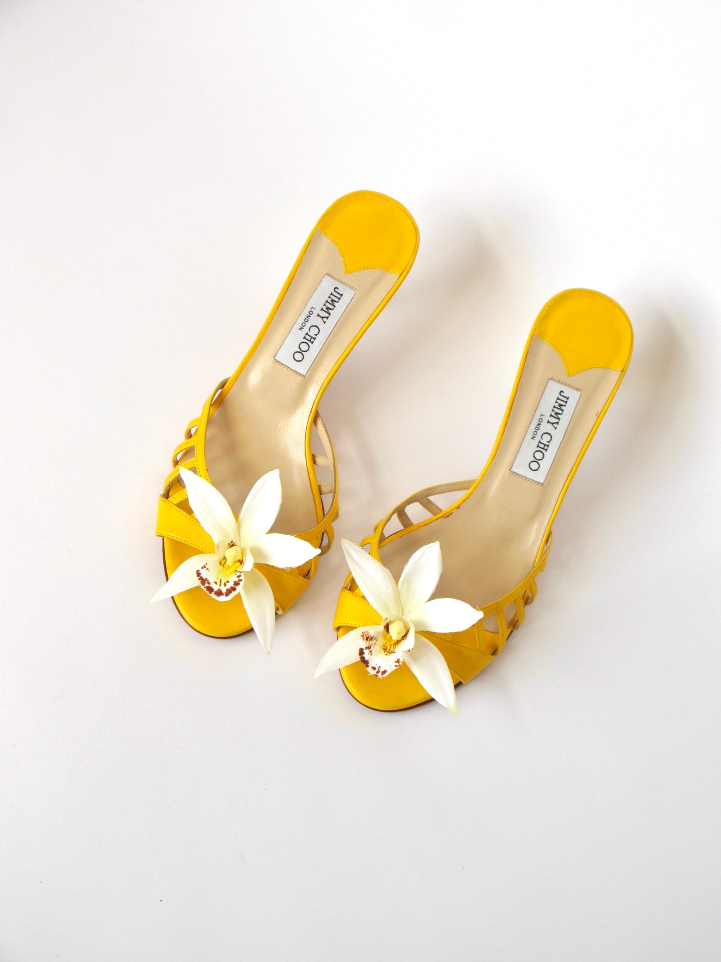 Reworked Upcycled Jimmy Choo Yellow Orchid Kitten Heels