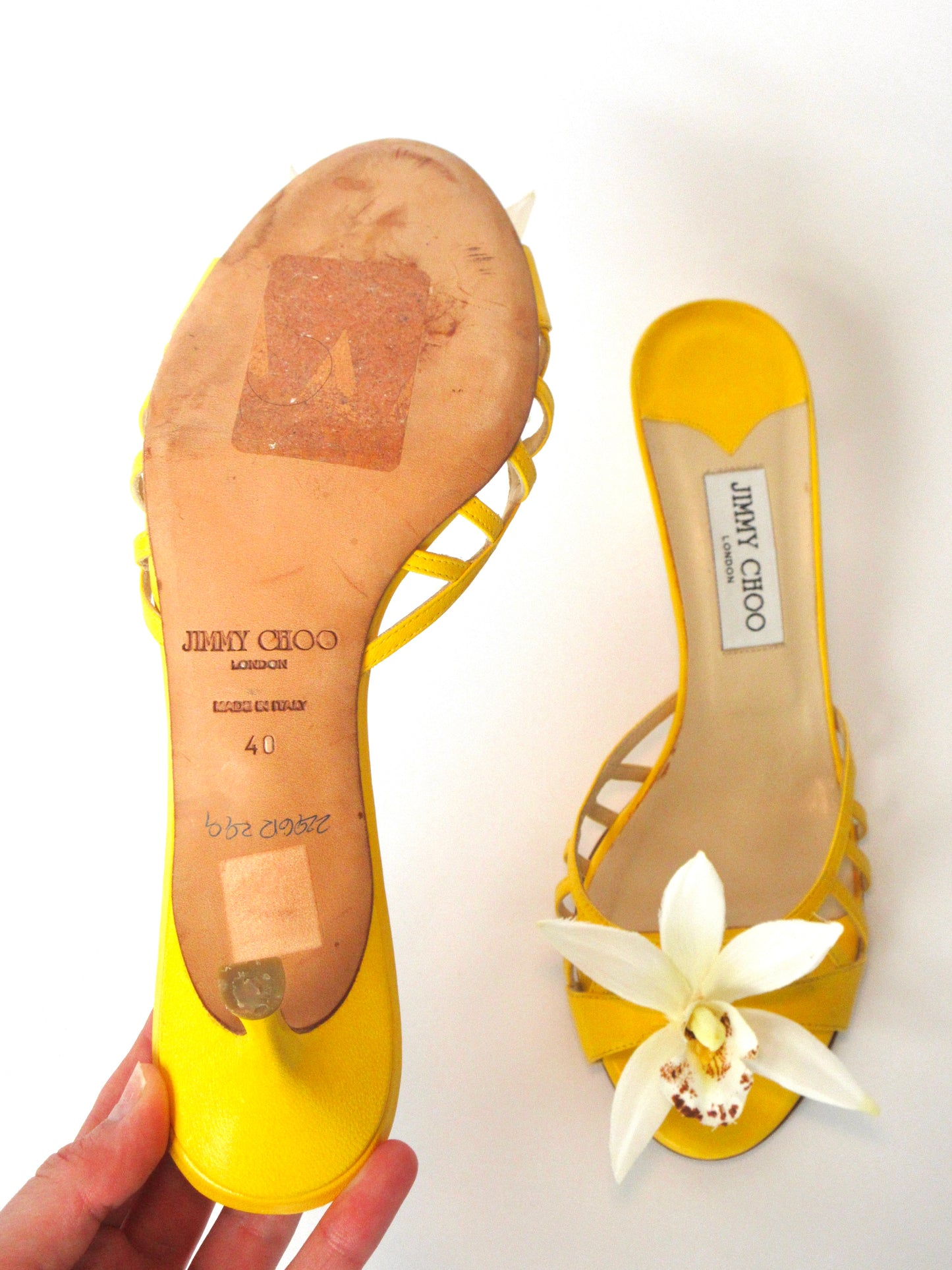 Reworked Upcycled Jimmy Choo Yellow Orchid Kitten Heels