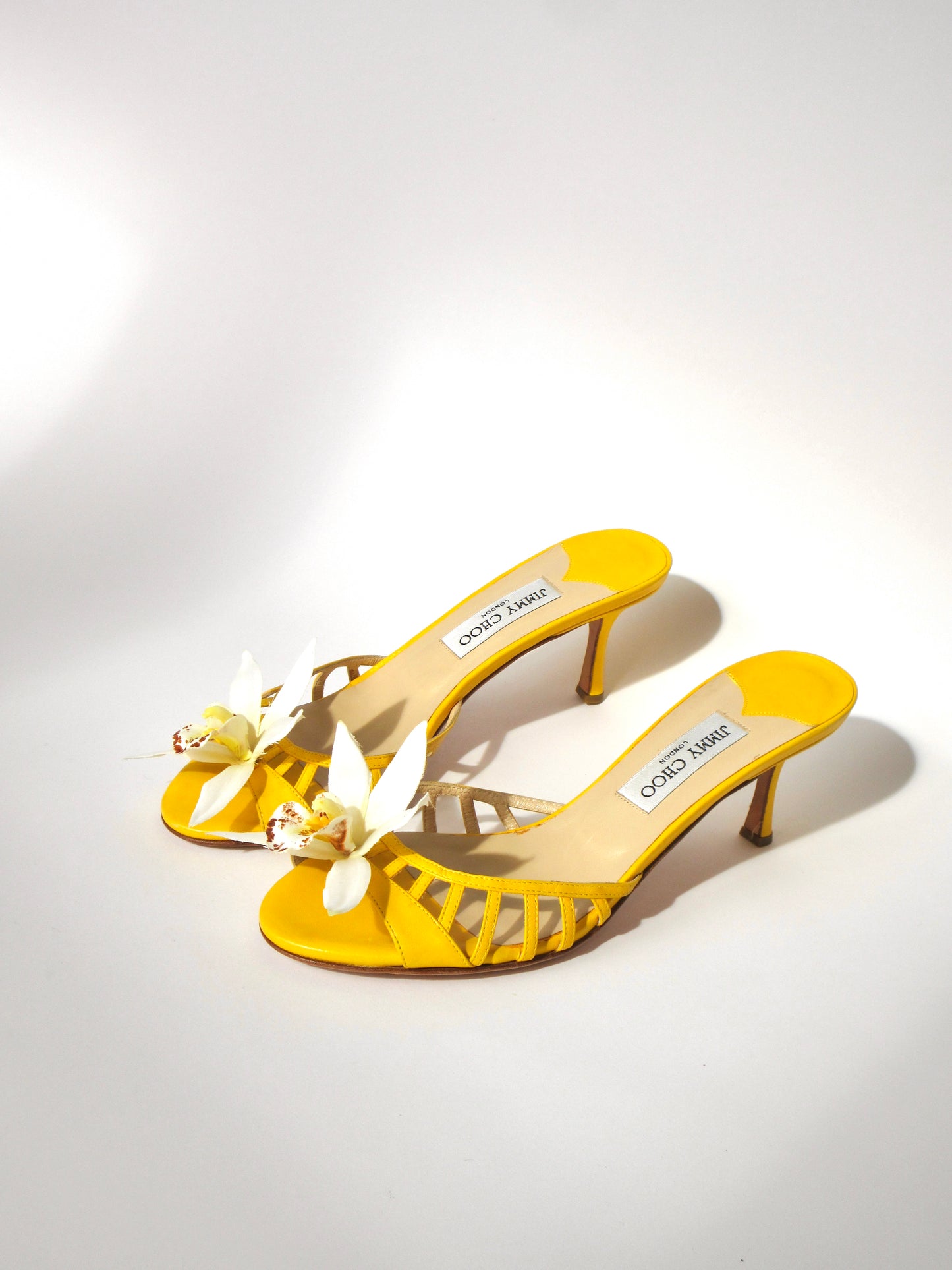 Reworked Upcycled Jimmy Choo Yellow Orchid Kitten Heels