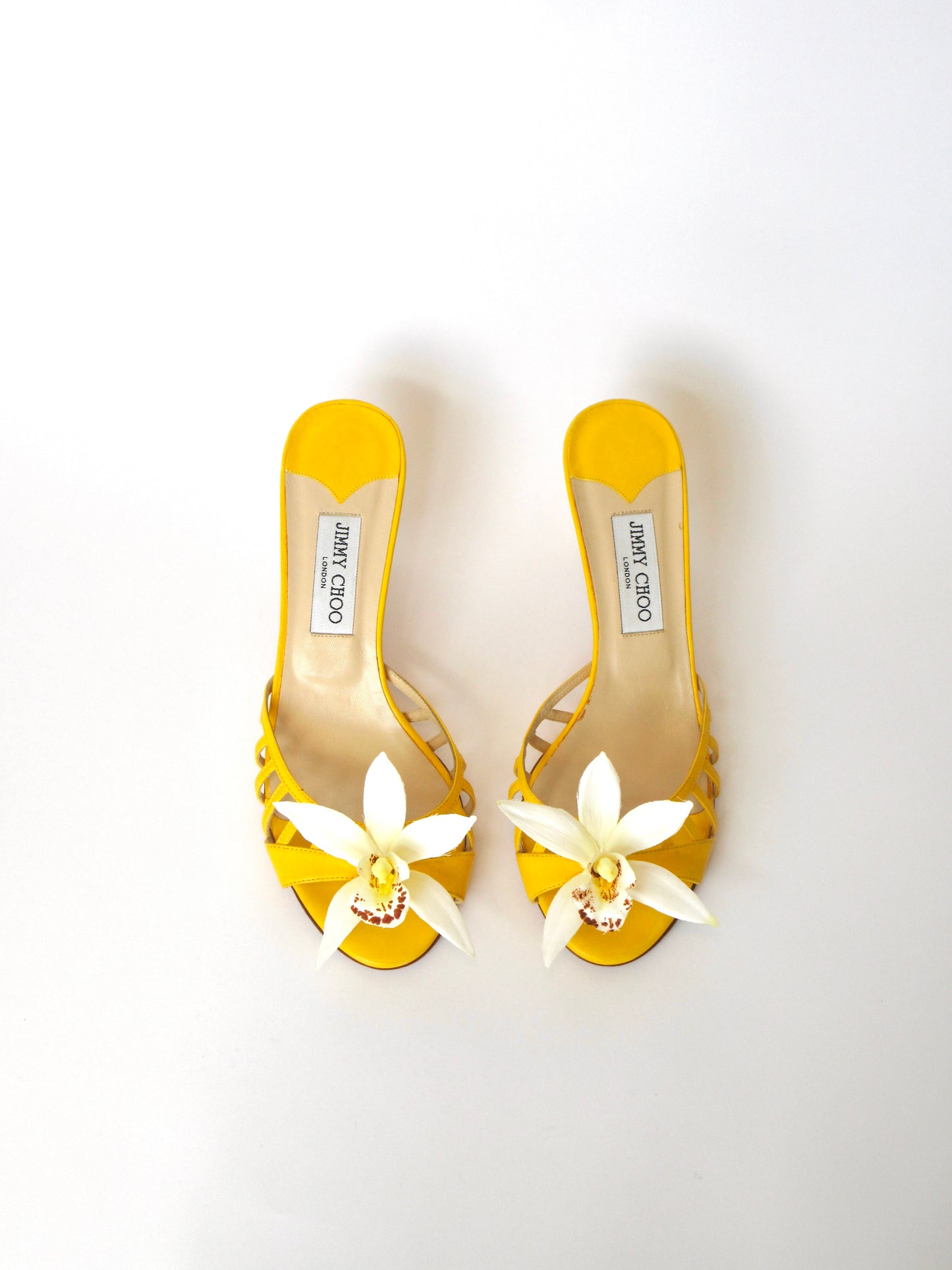 Reworked Upcycled Jimmy Choo Yellow Orchid Kitten Heels