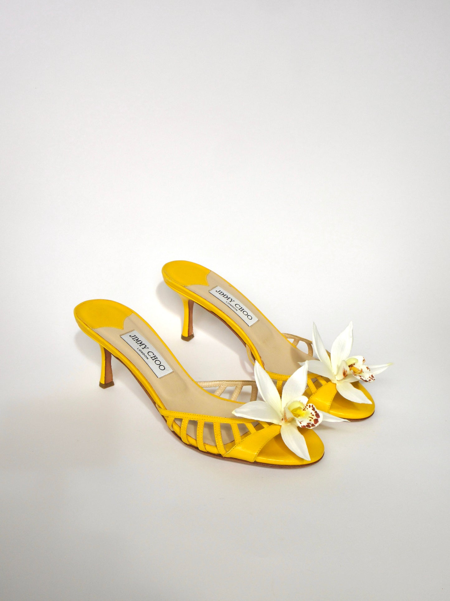 Reworked Upcycled Jimmy Choo Yellow Orchid Kitten Heels