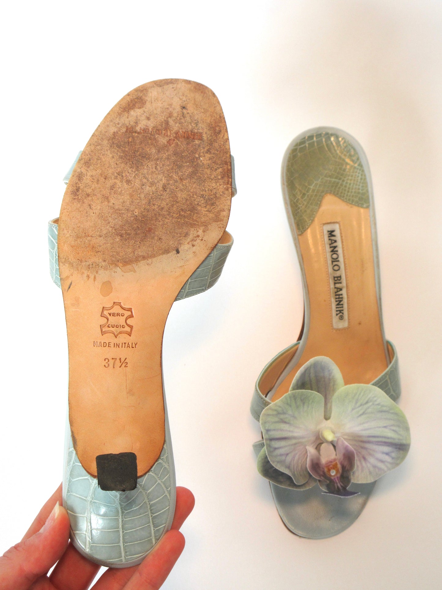 Reworked Upcycled Manolo Blahnik Light Blue Teal Orchid Kitten Heels