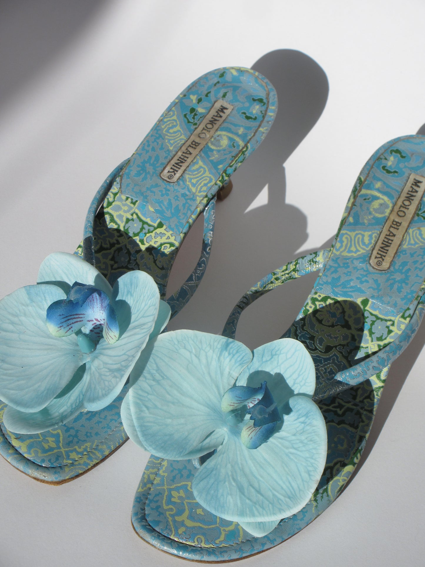 Reworked Upcycled Manolo Blahnik Blue Orchid Kitten Heels