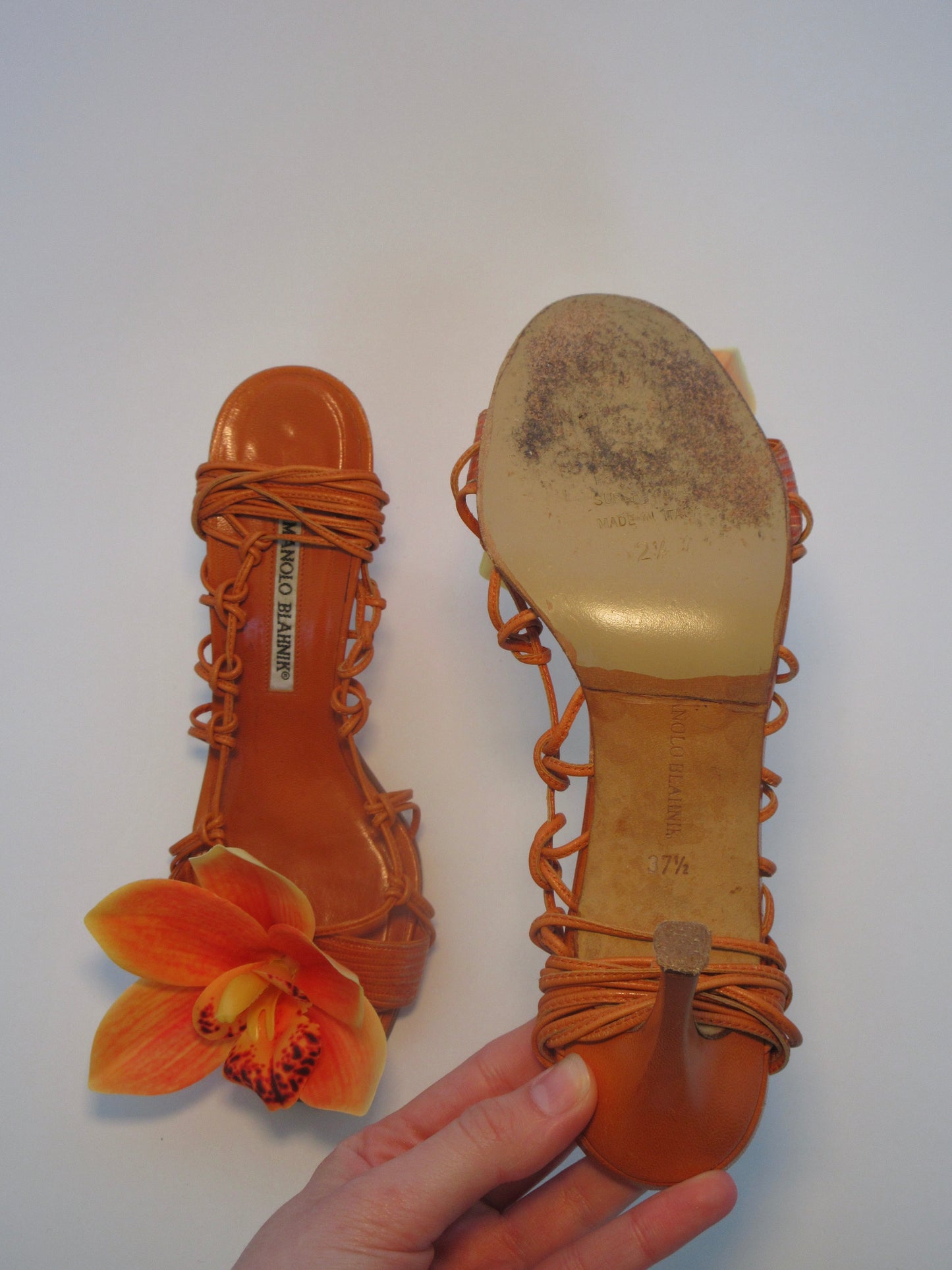Reworked Upcycled Manolo Blahnik Orange Orchid Tie Heels