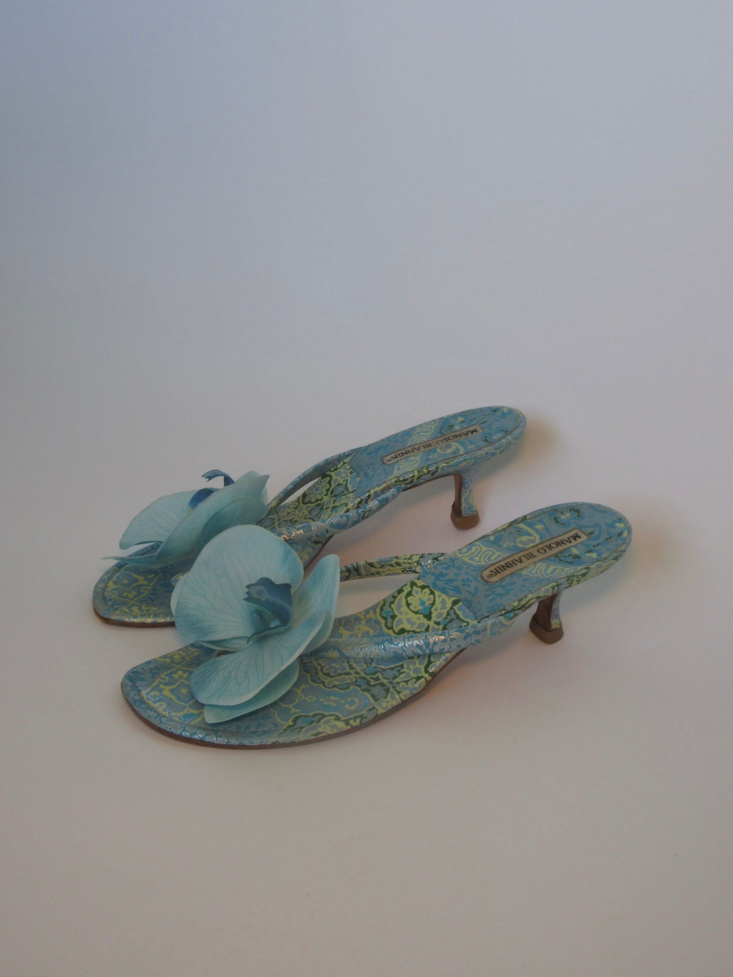 Reworked Upcycled Manolo Blahnik Blue Orchid Kitten Heels