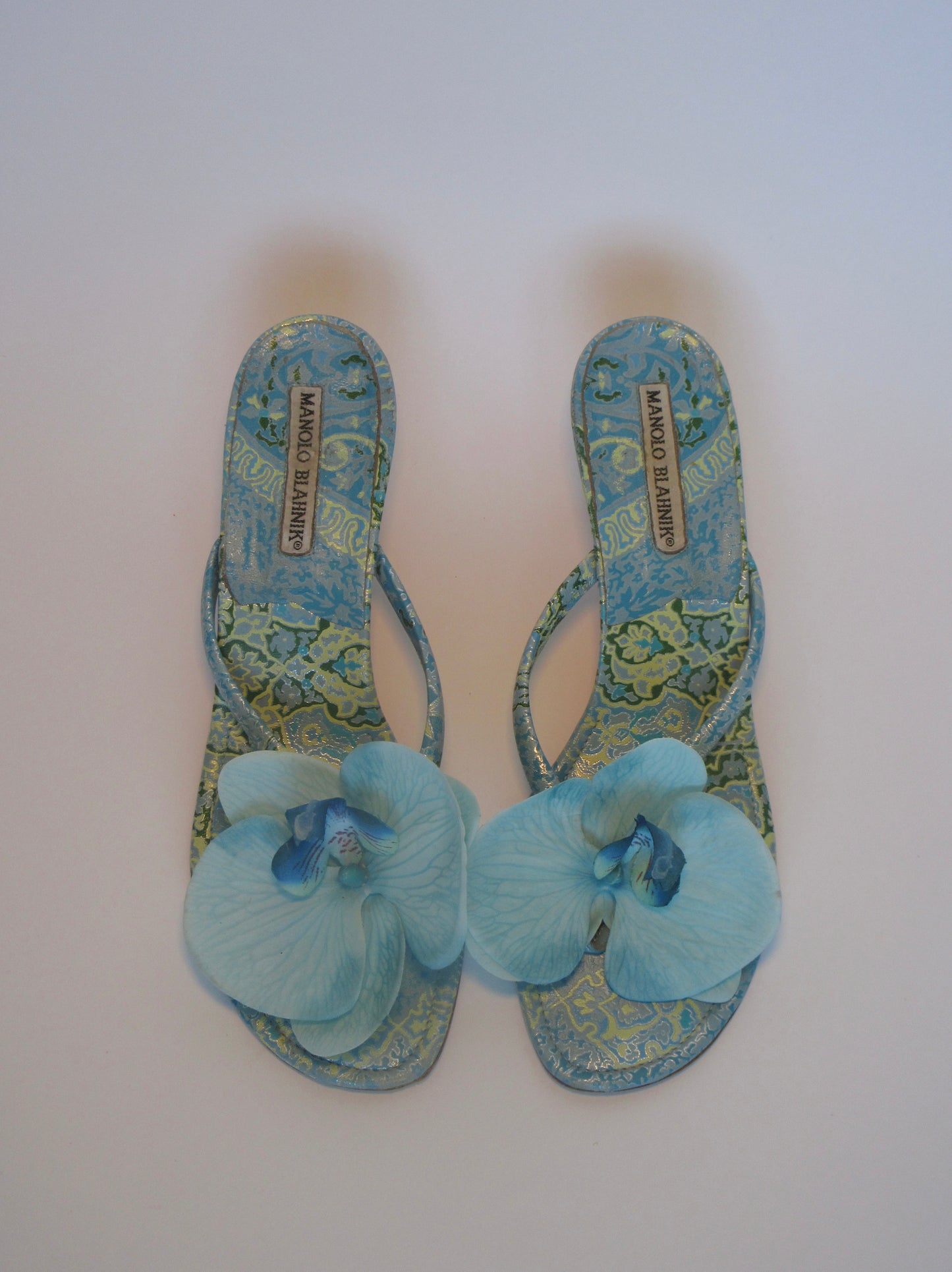 Reworked Upcycled Manolo Blahnik Blue Orchid Kitten Heels