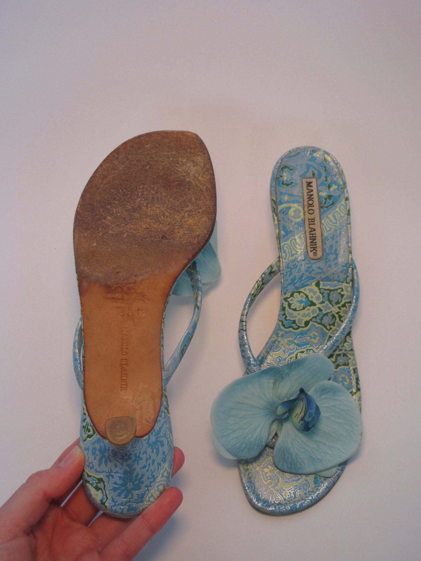Reworked Upcycled Manolo Blahnik Blue Orchid Kitten Heels