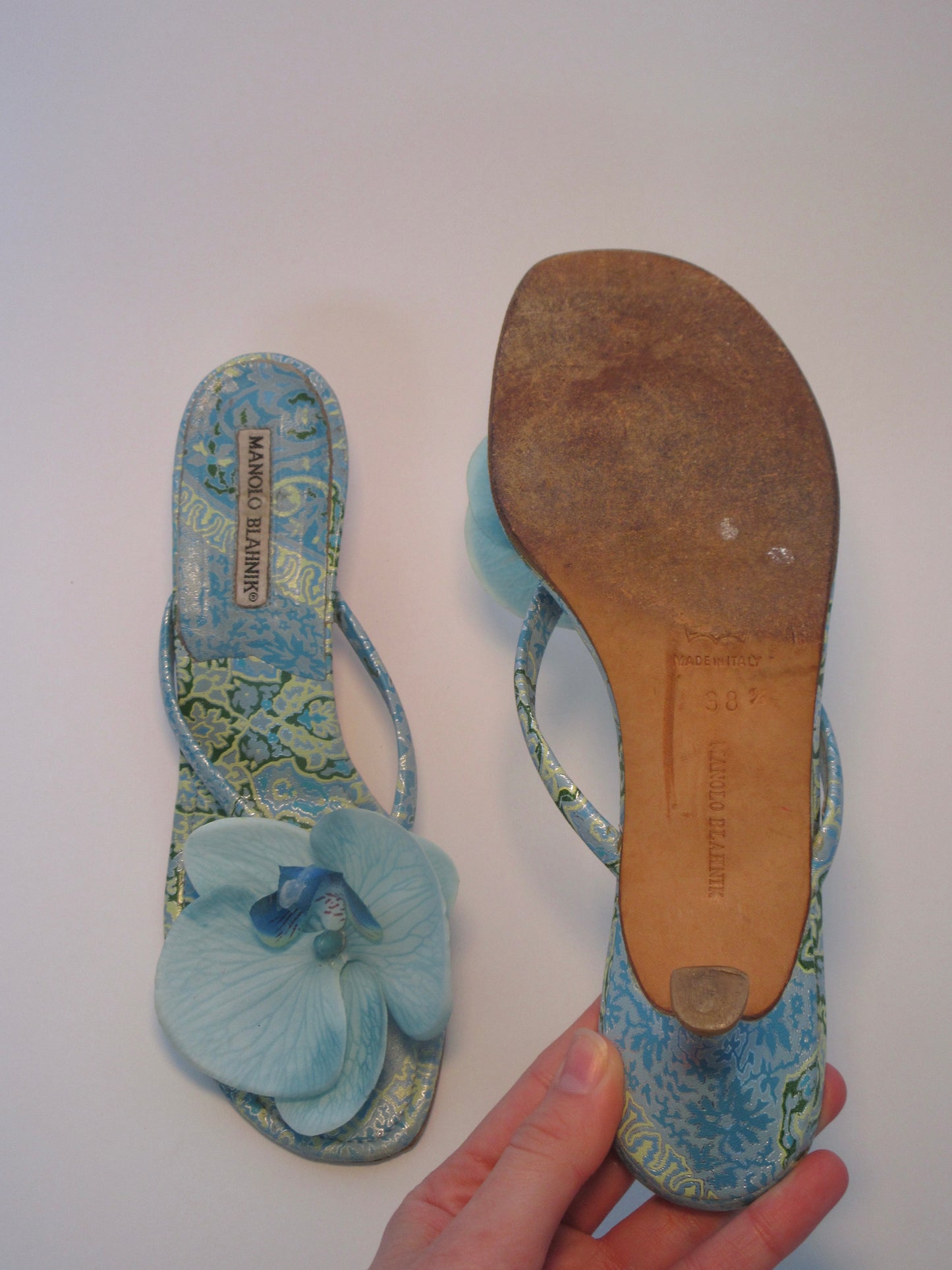 Reworked Upcycled Manolo Blahnik Blue Orchid Kitten Heels