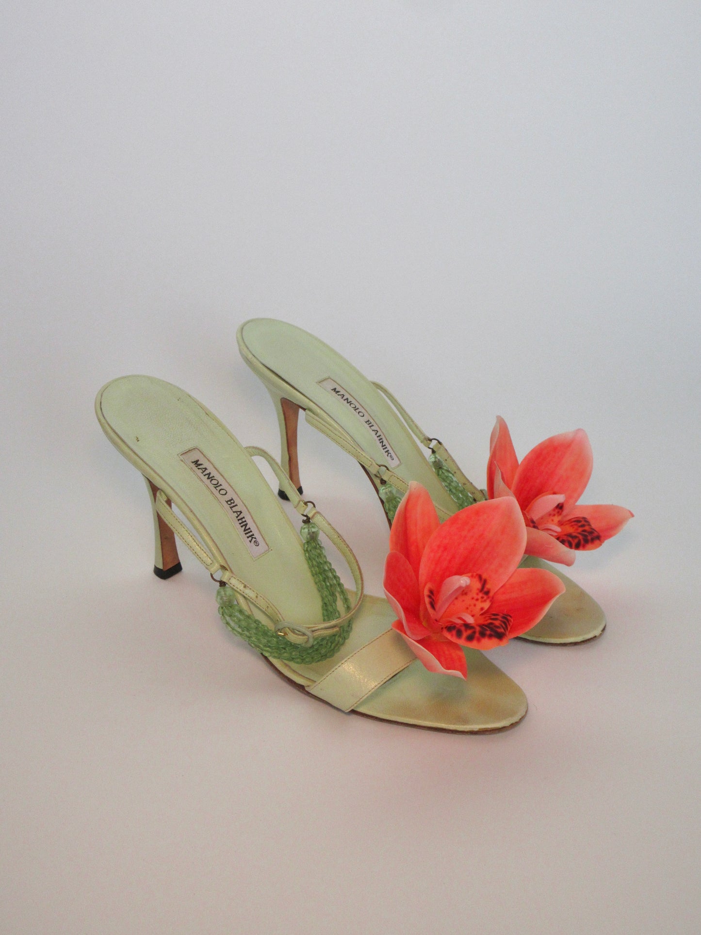 Reworked Upcycled Manolo Blahnik Light Green Orchid Heels