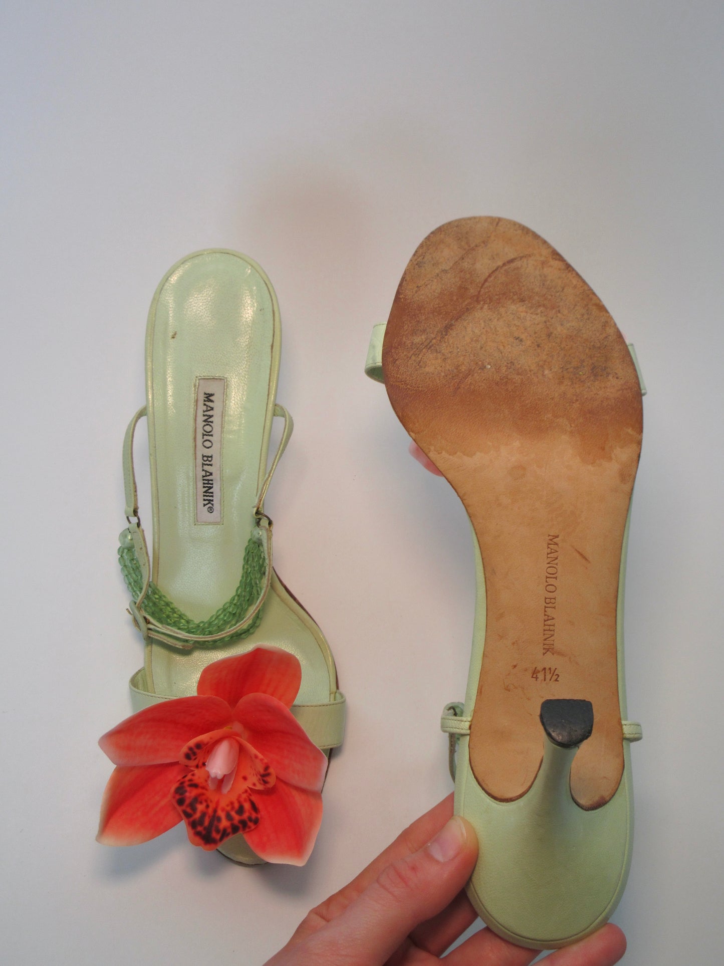 Reworked Upcycled Manolo Blahnik Light Green Orchid Heels