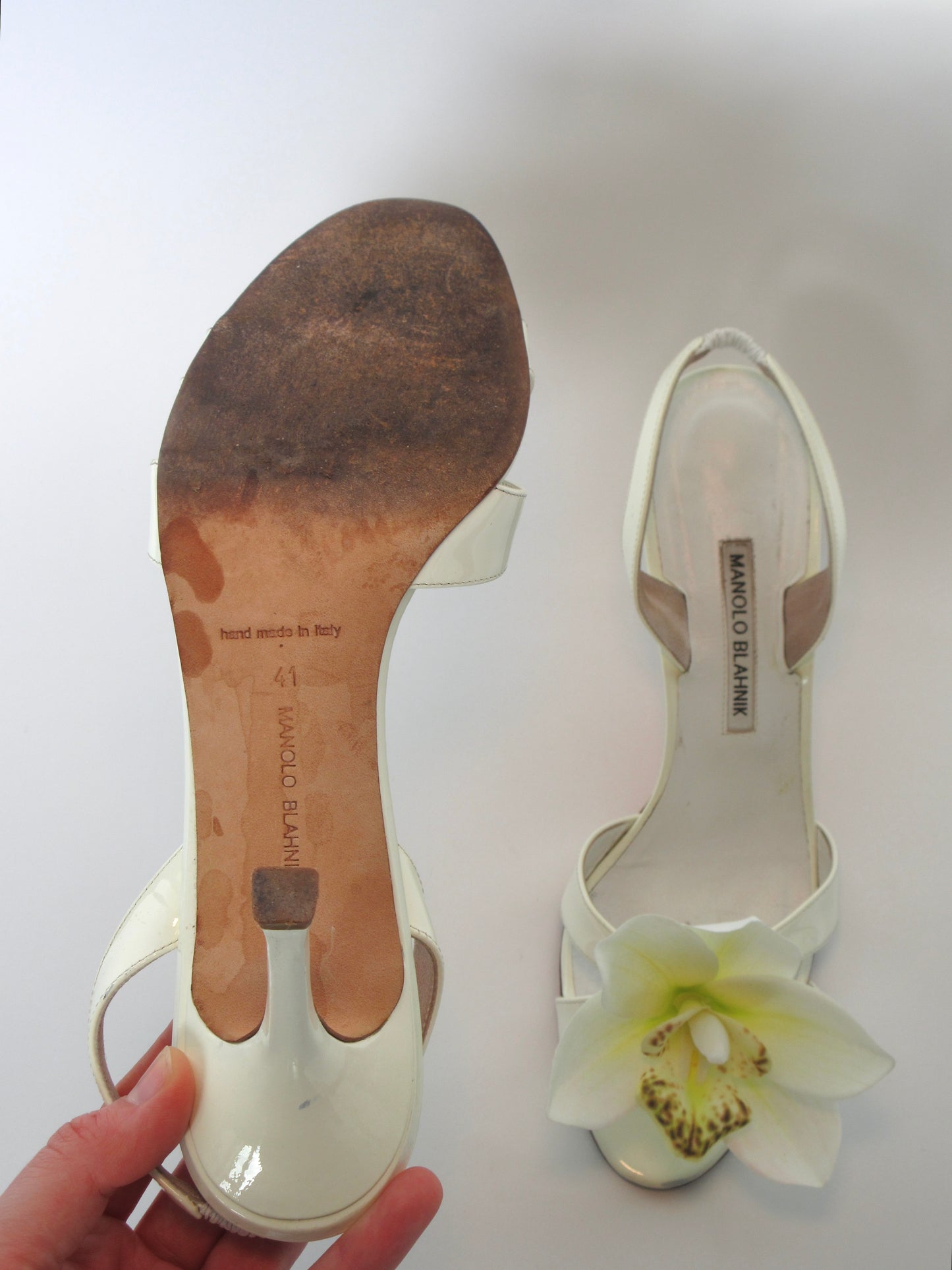 Reworked Upcycled Manolo Blahnik White Orchid Heels
