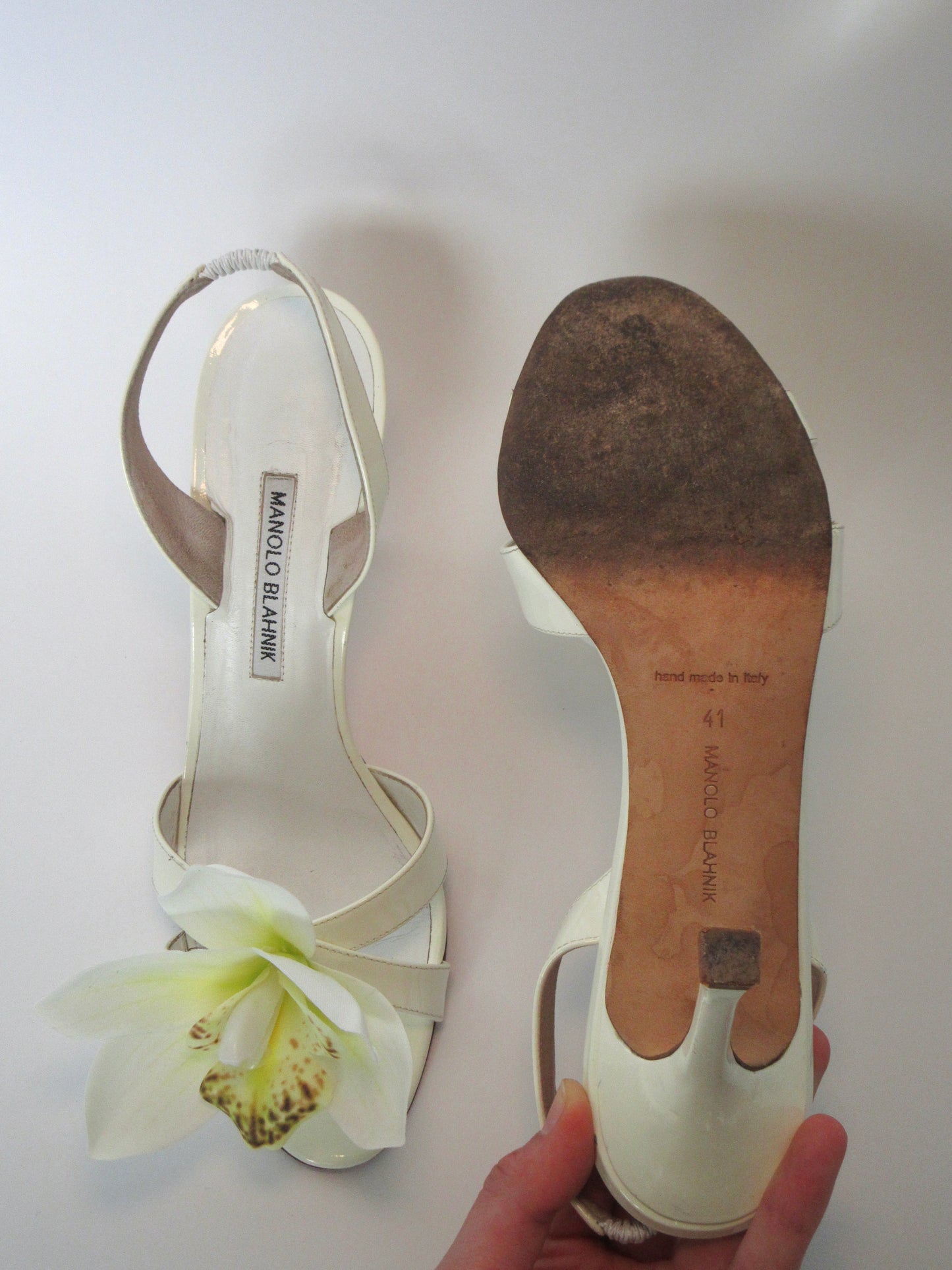 Reworked Upcycled Manolo Blahnik White Orchid Heels