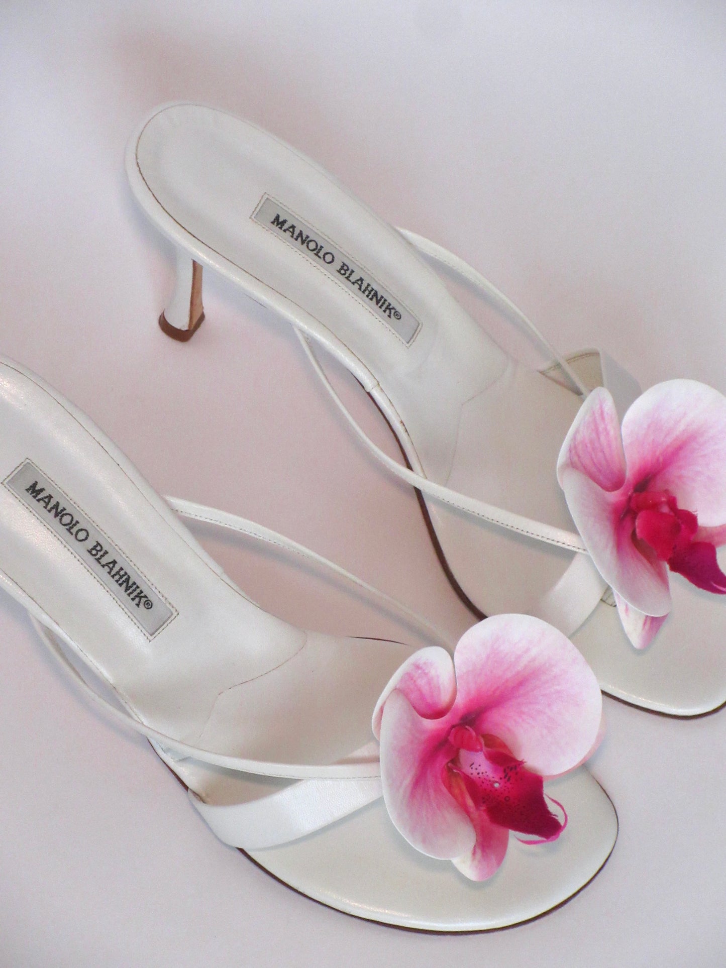 Reworked Upcycled Manolo Blahnik White Pink Orchid Heels