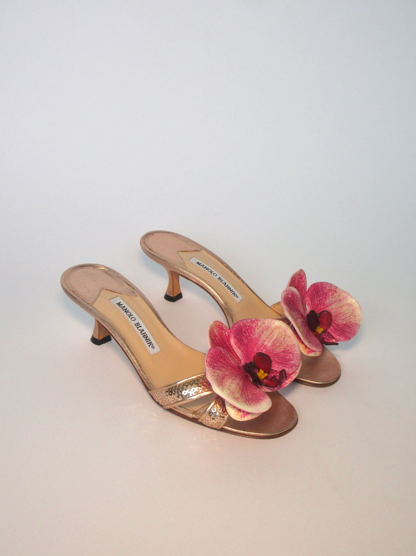 Reworked Upcycled Manolo Balhnik Rose Gold Pink Orchid Heels