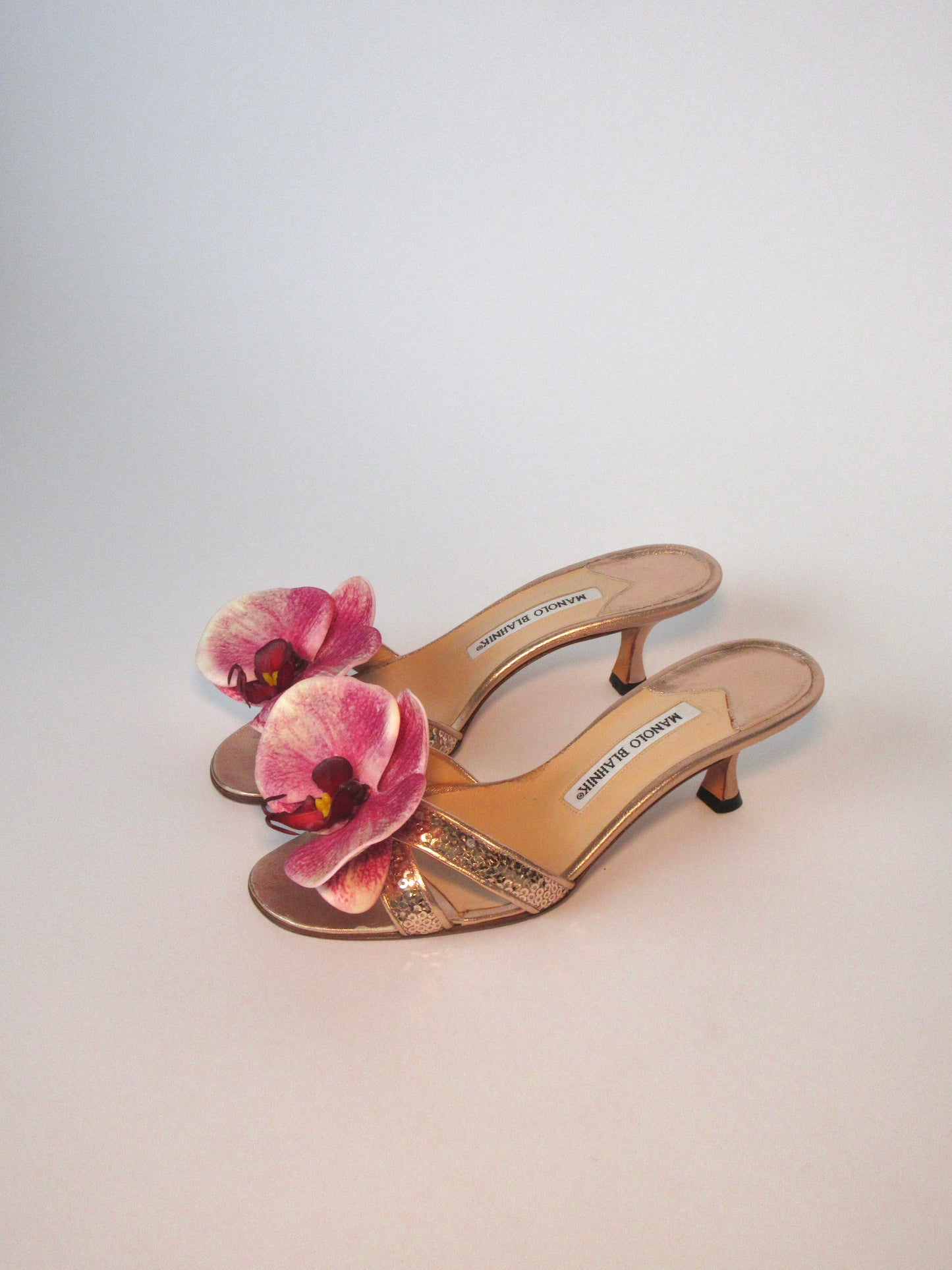 Reworked Upcycled Manolo Balhnik Rose Gold Pink Orchid Heels