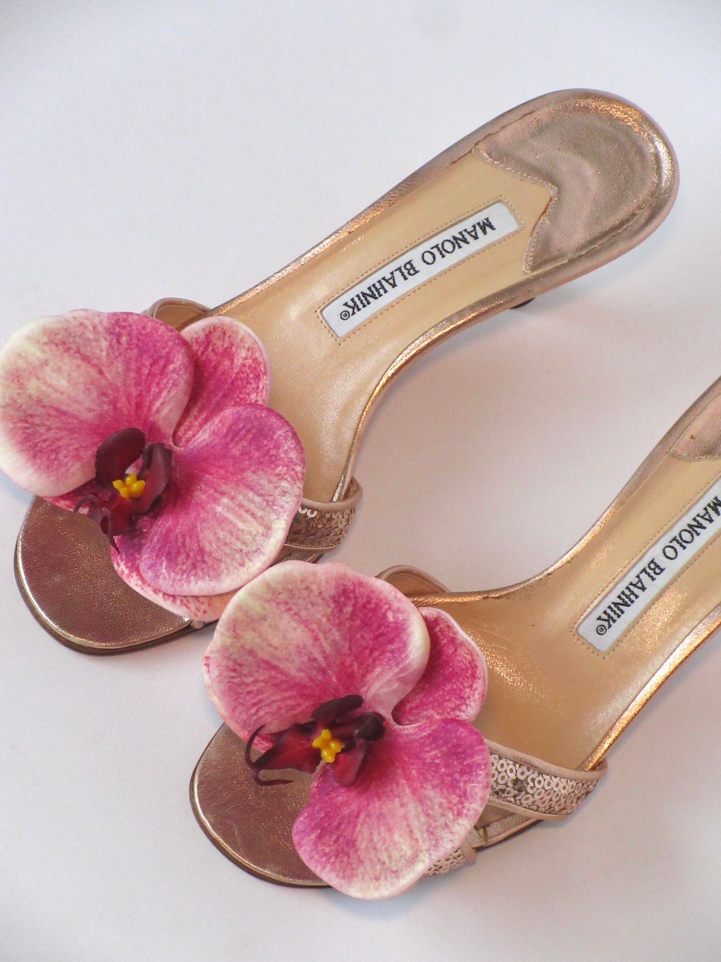 Reworked Upcycled Manolo Balhnik Rose Gold Pink Orchid Heels