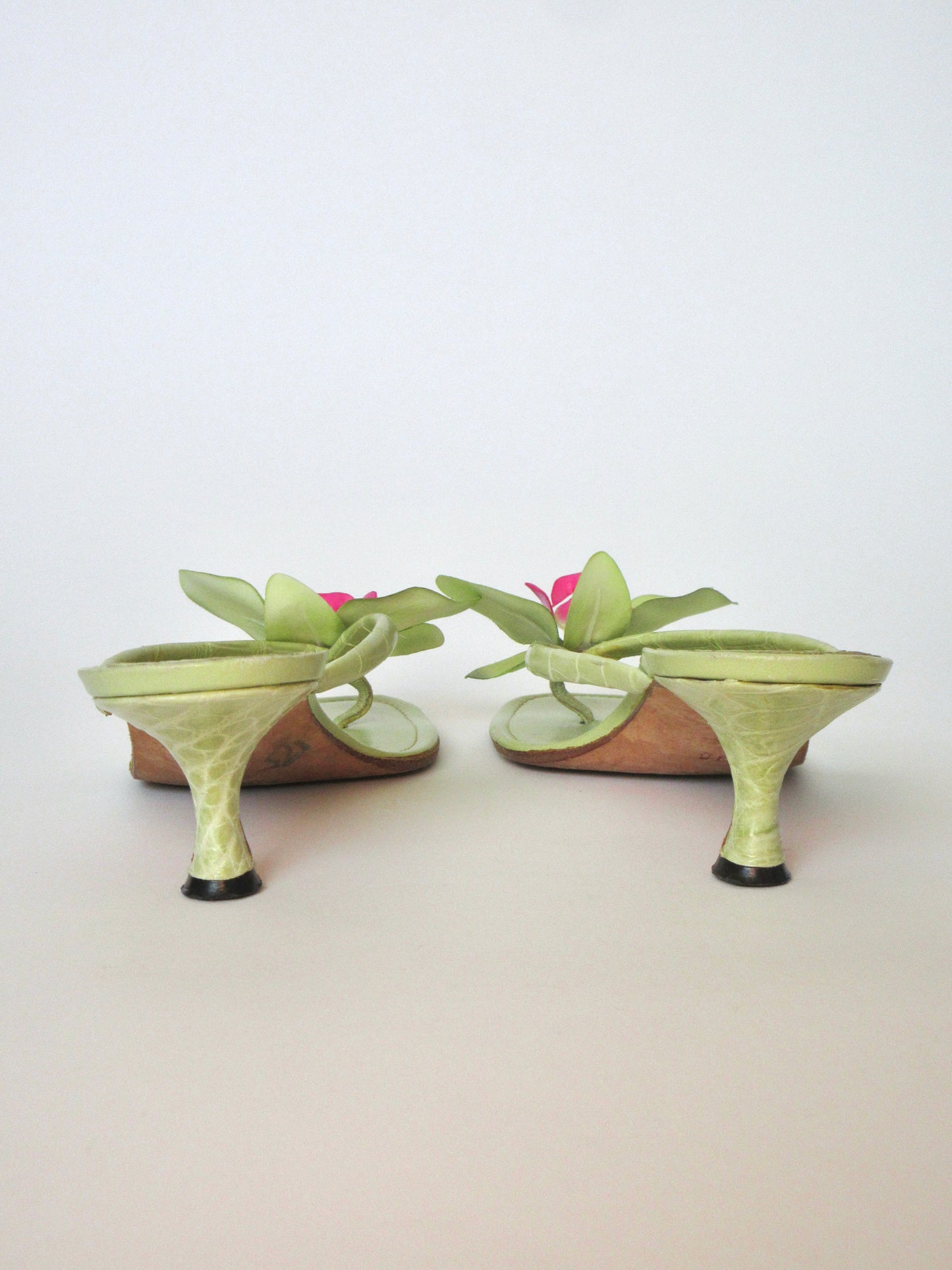 Reworked Upcycled Manolo Blahnik Green Orchid Kitten Heels