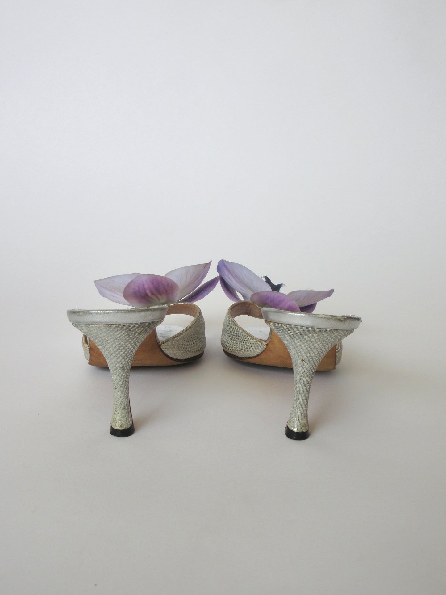 Reworked Upcycled Manolo Blahnik Silver and Purple Orchid Heels