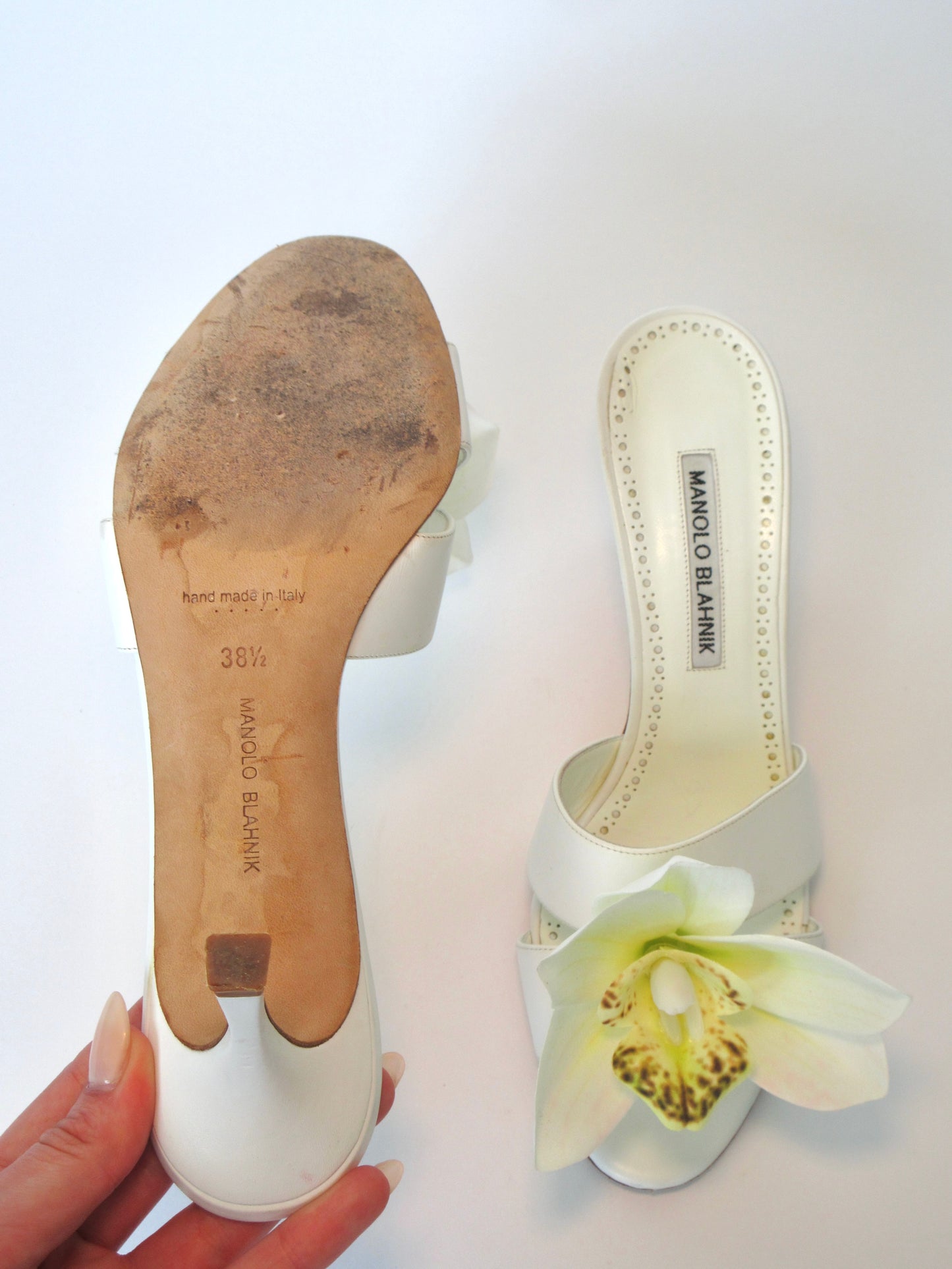 Reworked Upcycled Manolo Blahnik White Orchid Heels