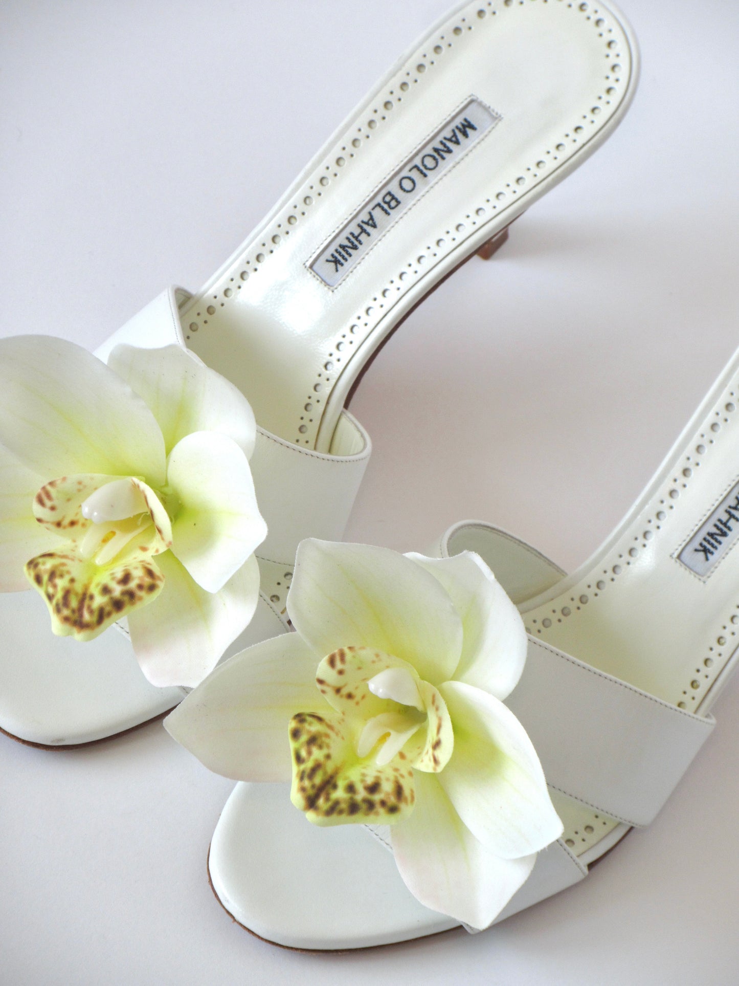 Reworked Upcycled Manolo Blahnik White Orchid Heels