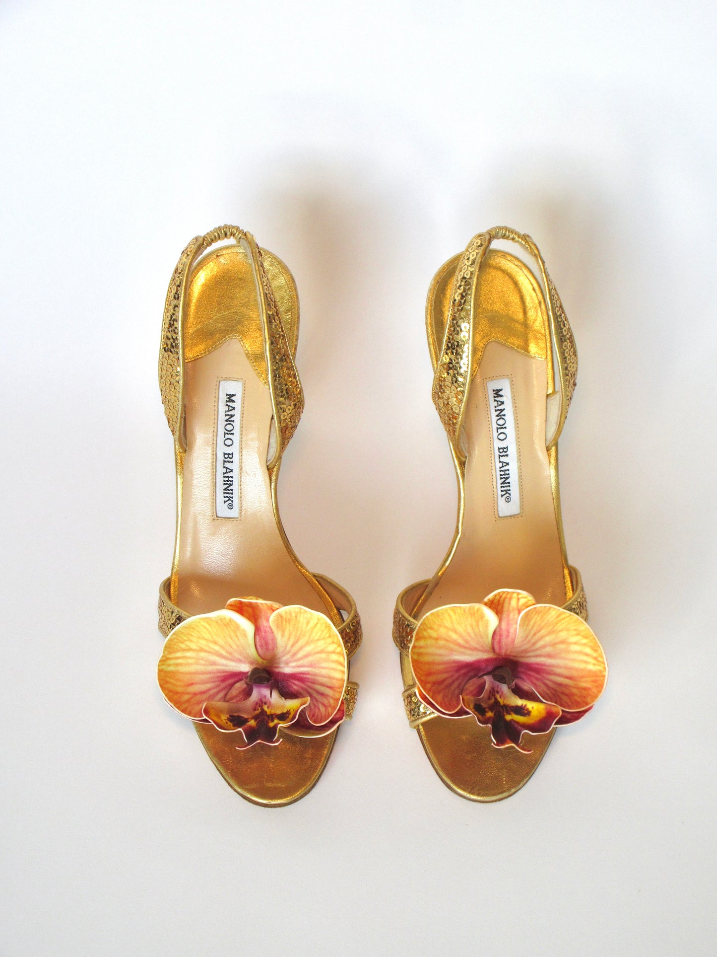 Reworked Upcycled Manolo Blahnik Gold Sequin Heels