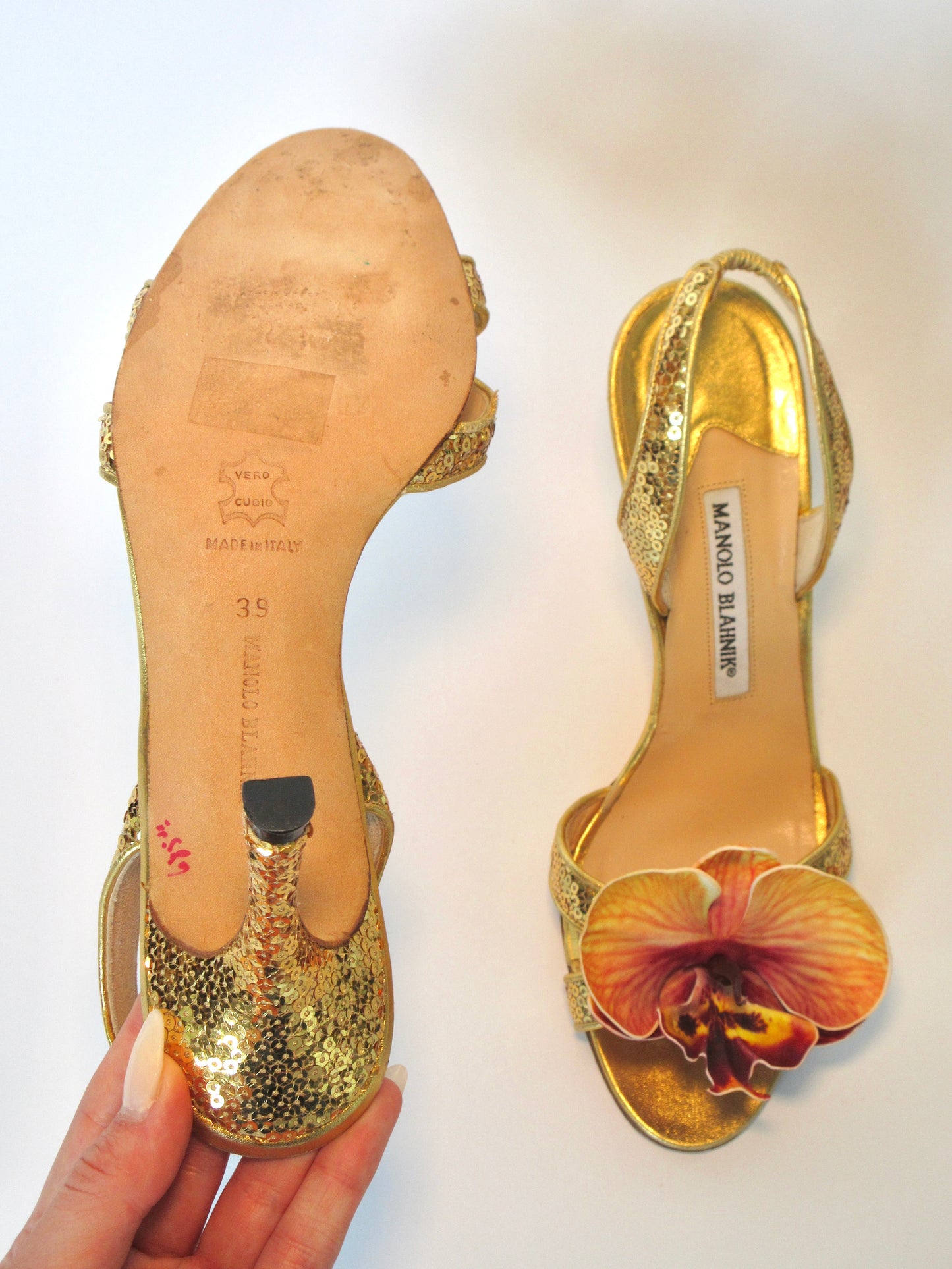 Reworked Upcycled Manolo Blahnik Gold Sequin Heels