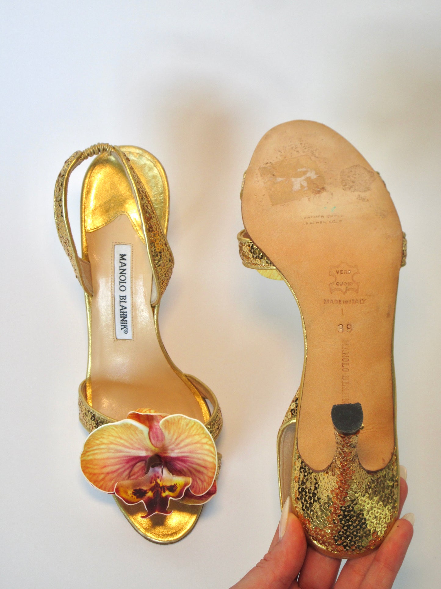 Reworked Upcycled Manolo Blahnik Gold Sequin Heels