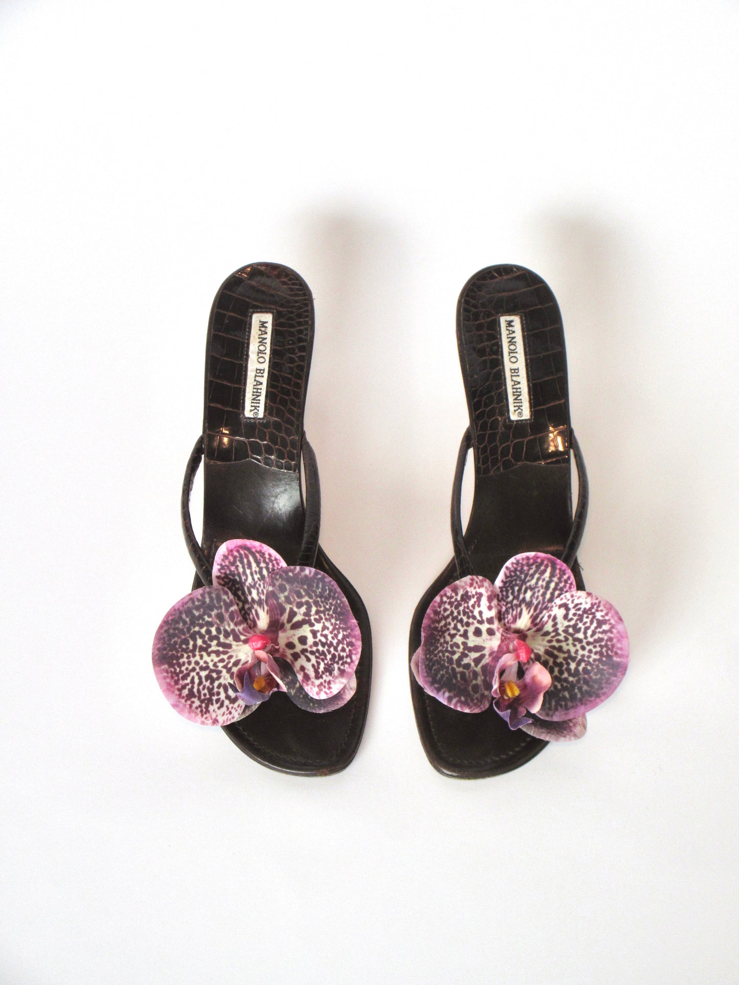 Reworked Upcycled Manolo Blahnik Dark Brown and Purple Kitten Heels