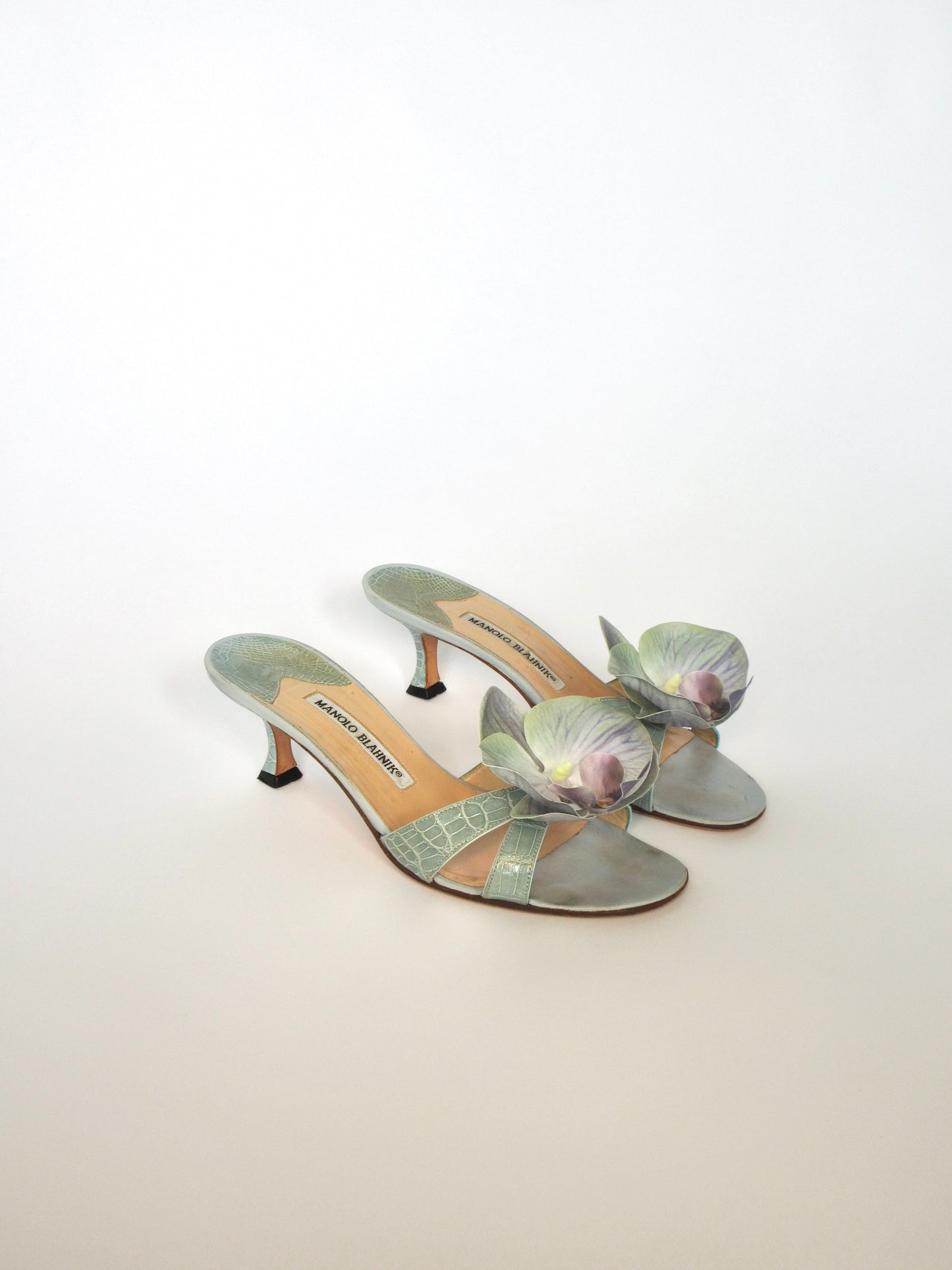 Reworked Upcycled Manolo Blahnik Light Blue Teal Orchid Kitten Heels
