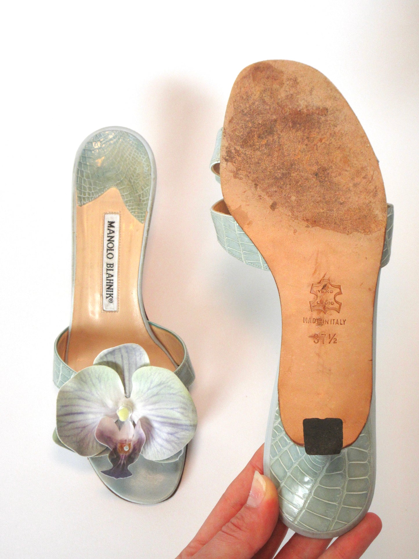 Reworked Upcycled Manolo Blahnik Light Blue Teal Orchid Kitten Heels