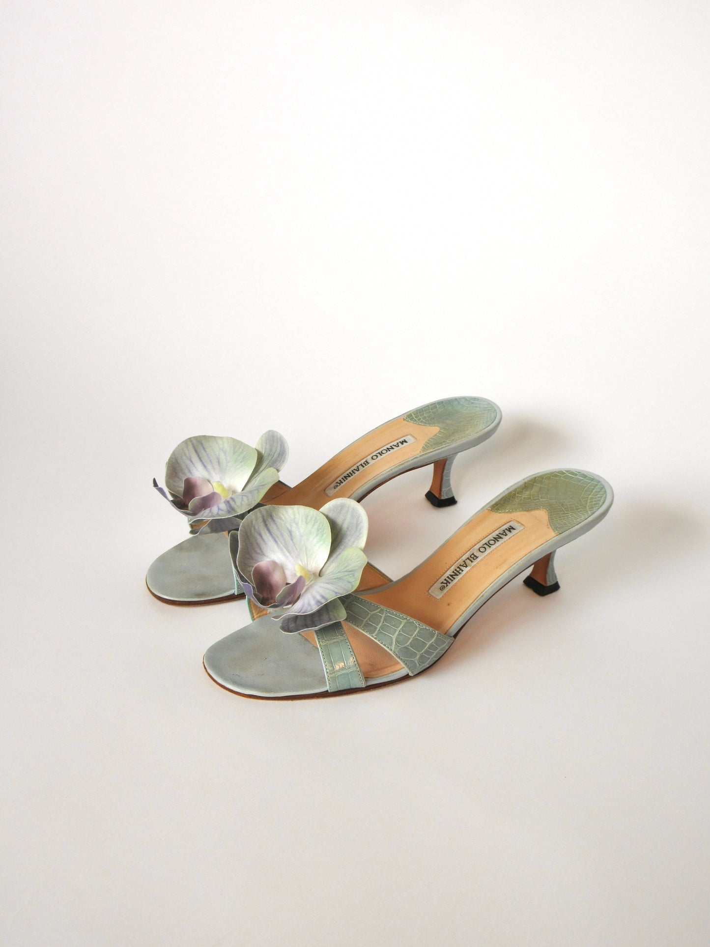 Reworked Upcycled Manolo Blahnik Light Blue Teal Orchid Kitten Heels