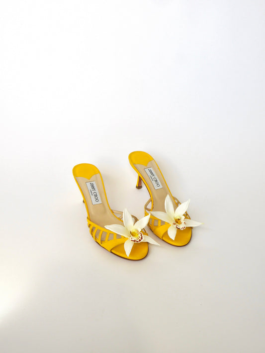 Reworked Upcycled Jimmy Choo Yellow Orchid Kitten Heels