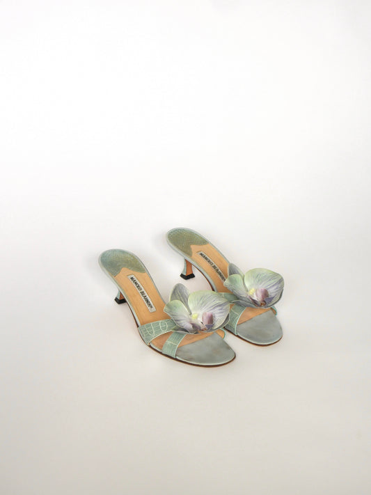 Reworked Upcycled Manolo Blahnik Light Blue Teal Orchid Kitten Heels