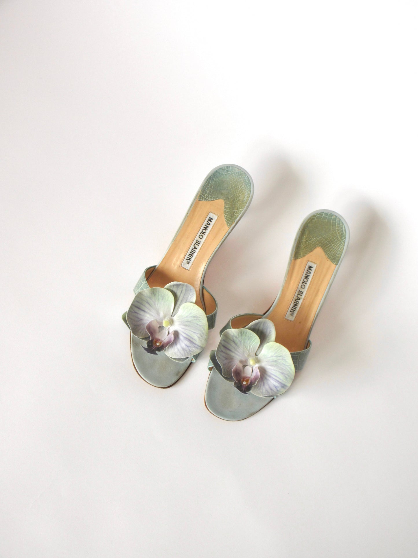 Reworked Upcycled Manolo Blahnik Light Blue Teal Orchid Kitten Heels