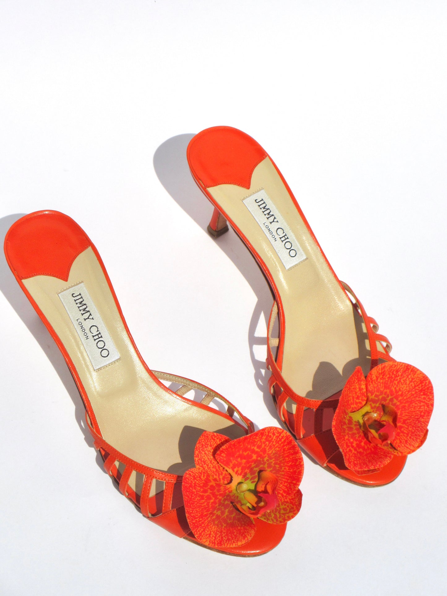 Reworked Upcycled Jimmy Choo Orange Orchid Kitten Heels