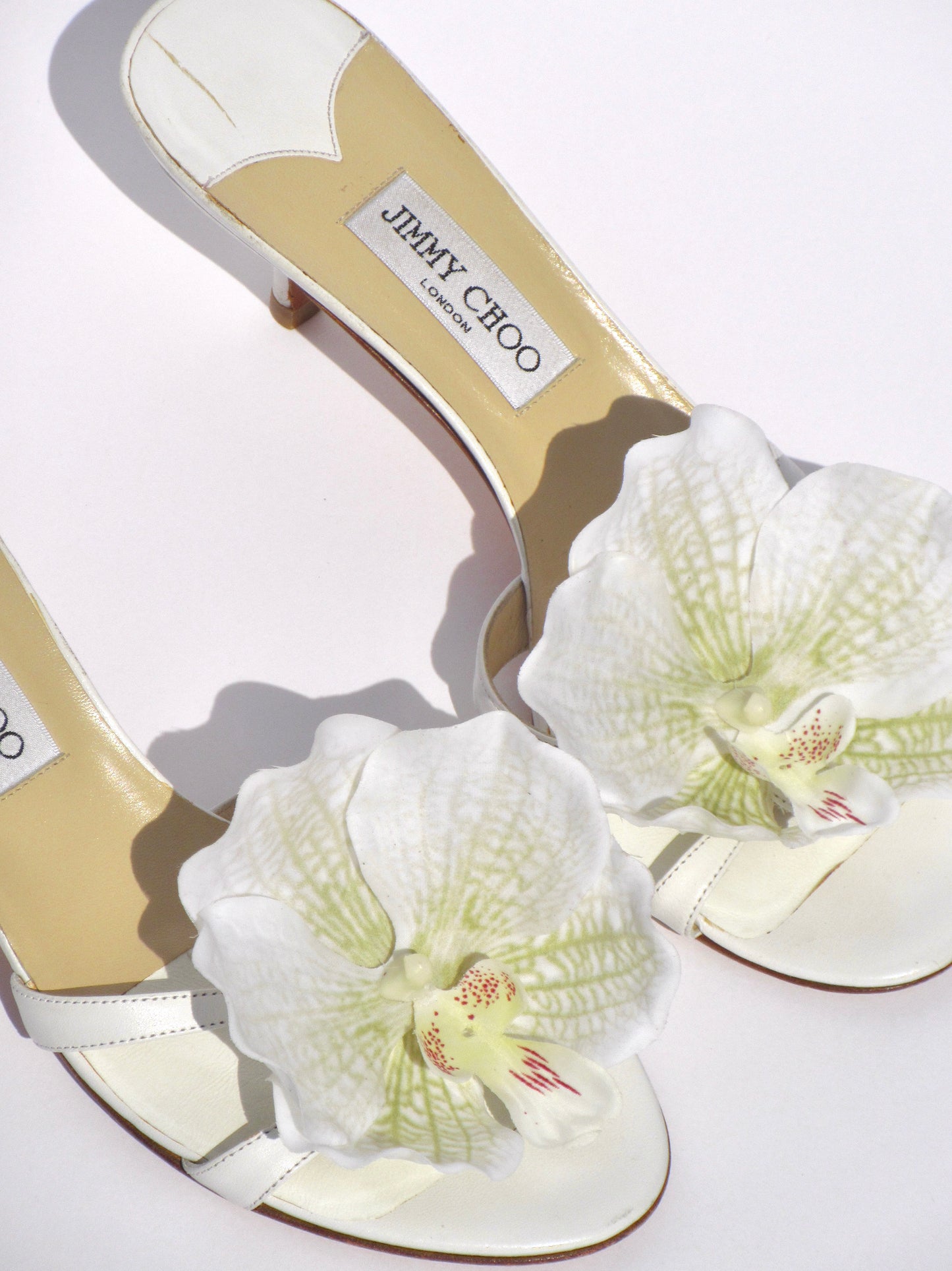 Reworked Upcycled Jimmy Choo White Orchid Kitten Heels