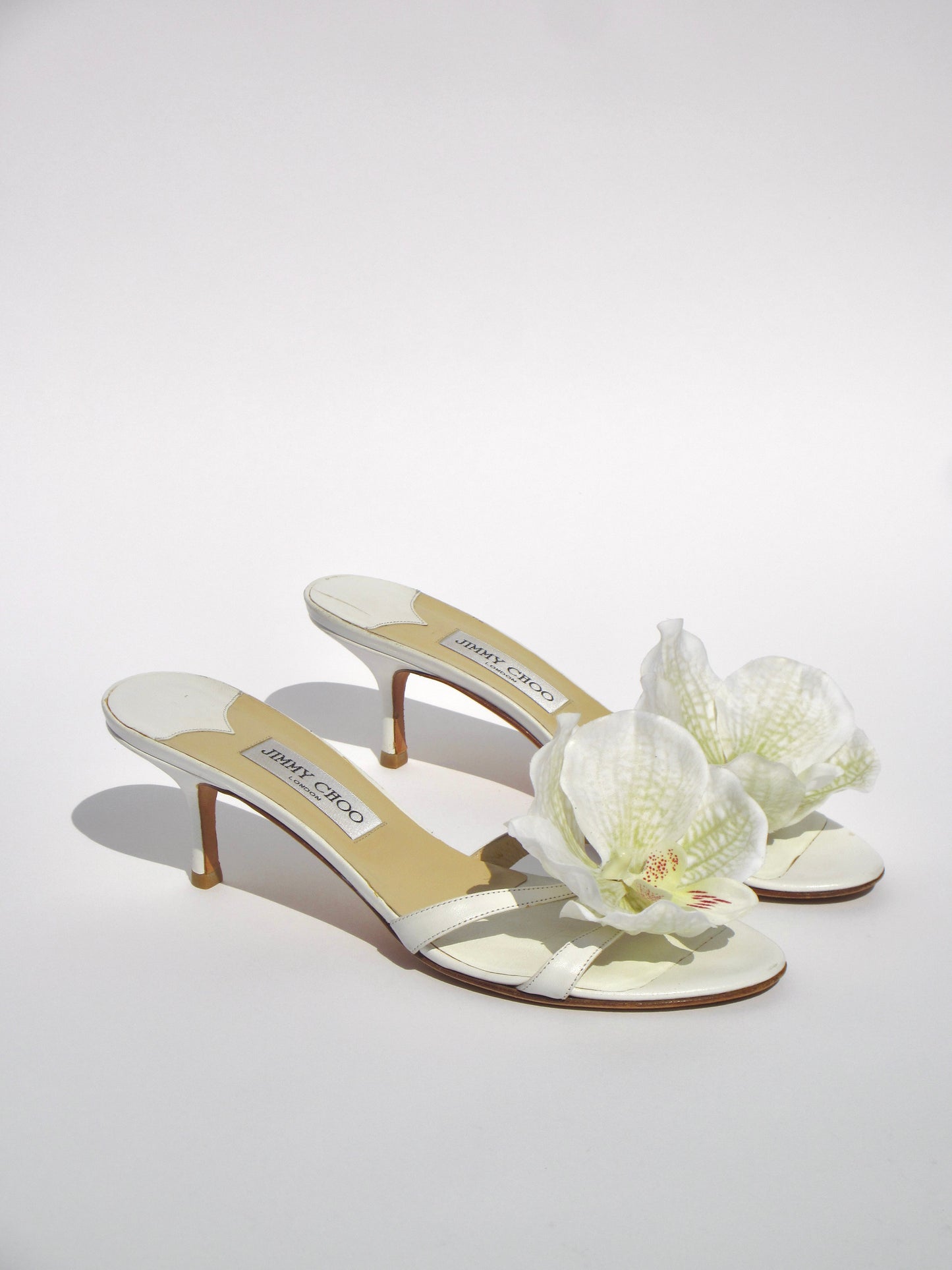 Reworked Upcycled Jimmy Choo White Orchid Kitten Heels