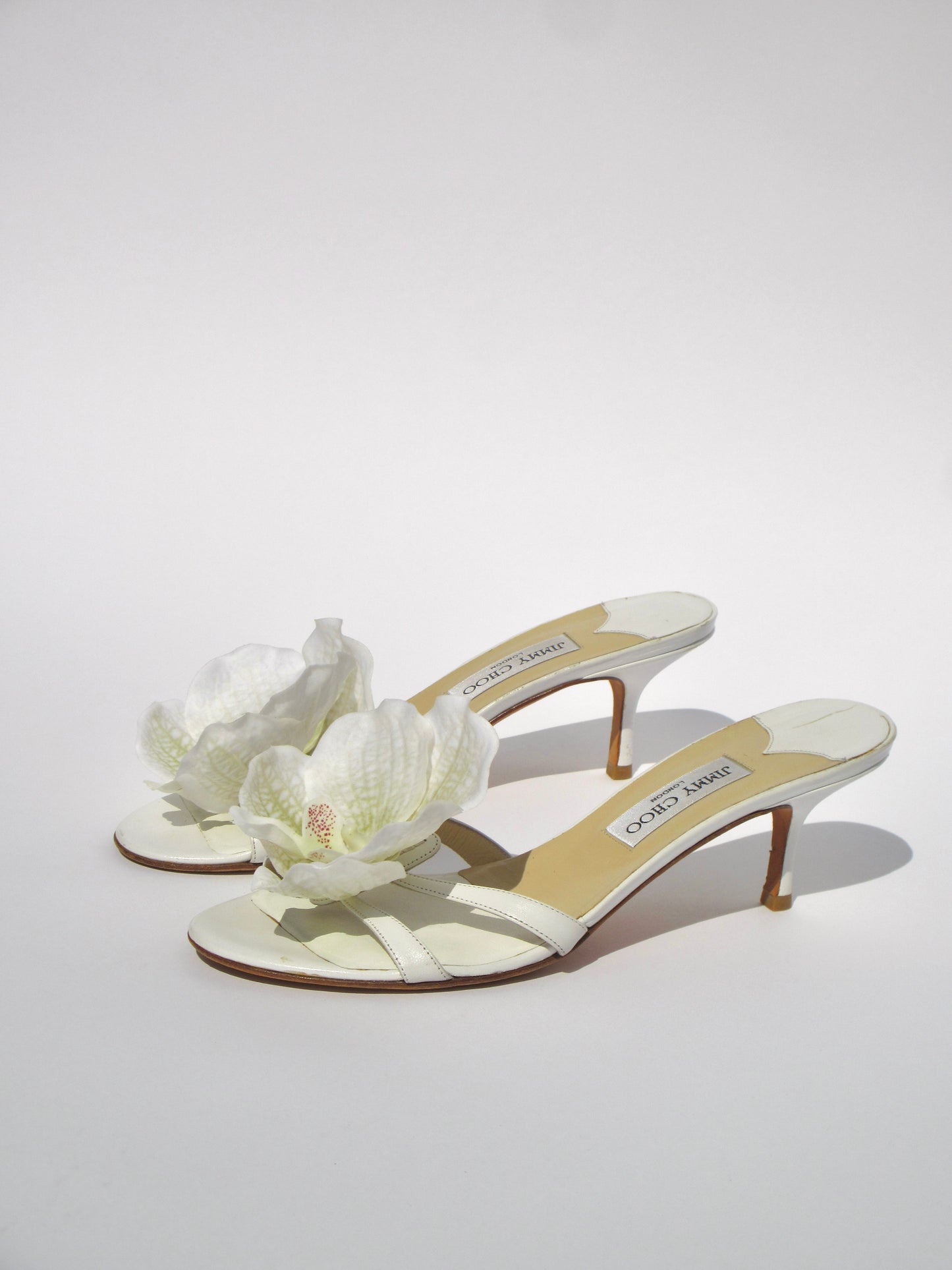 Reworked Upcycled Jimmy Choo White Orchid Kitten Heels