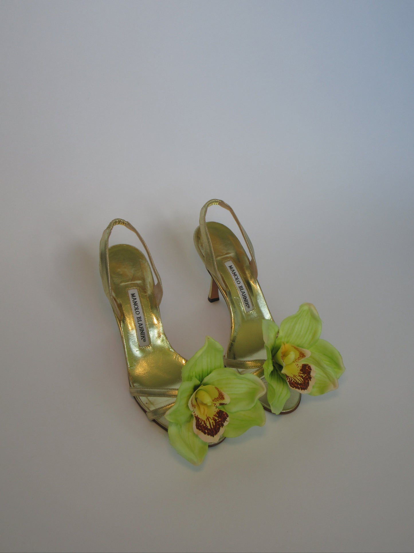 Reworked Upcycled Manolo Blahnik Gold Orchid Heels