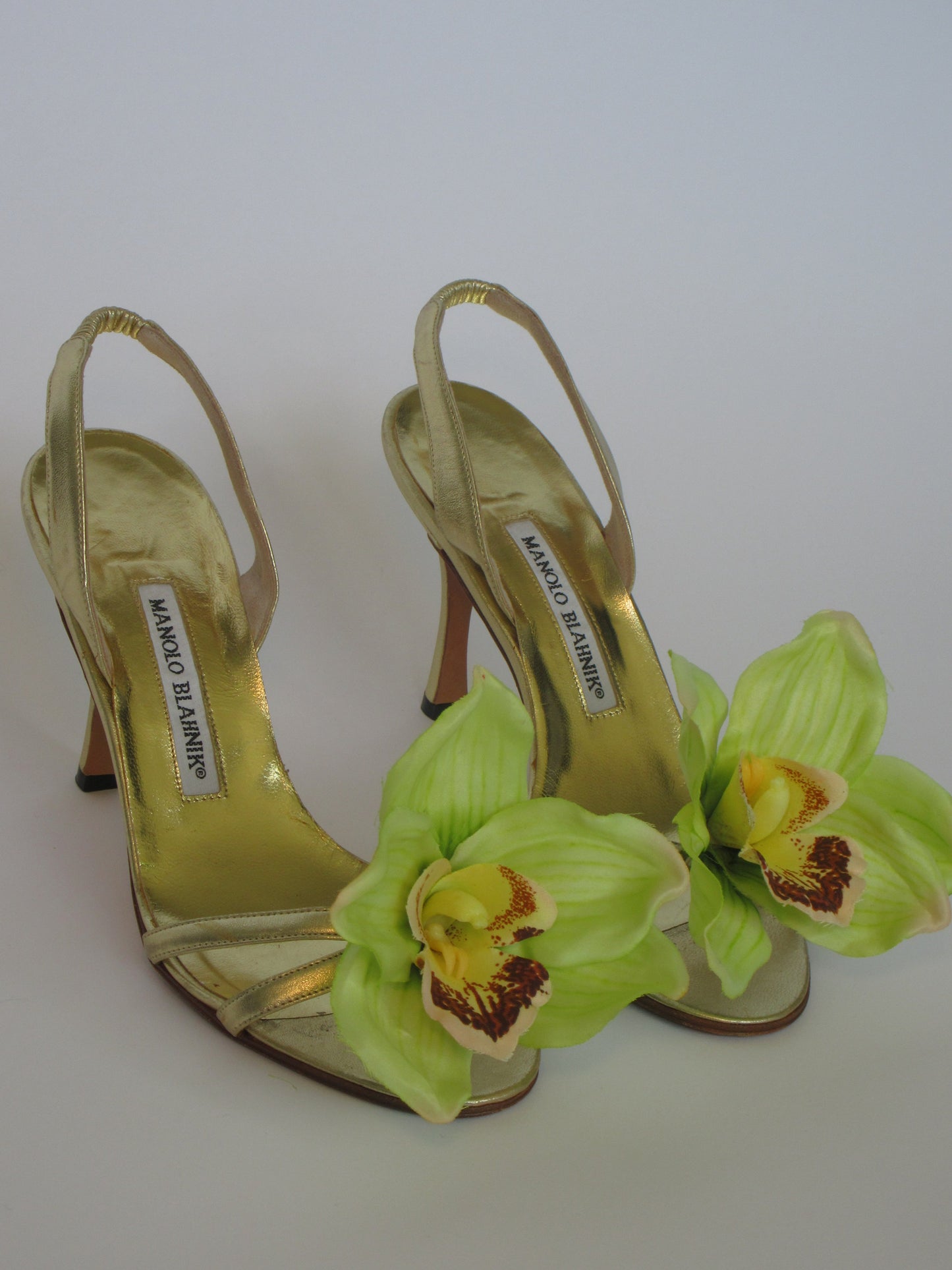 Reworked Upcycled Manolo Blahnik Gold Orchid Heels