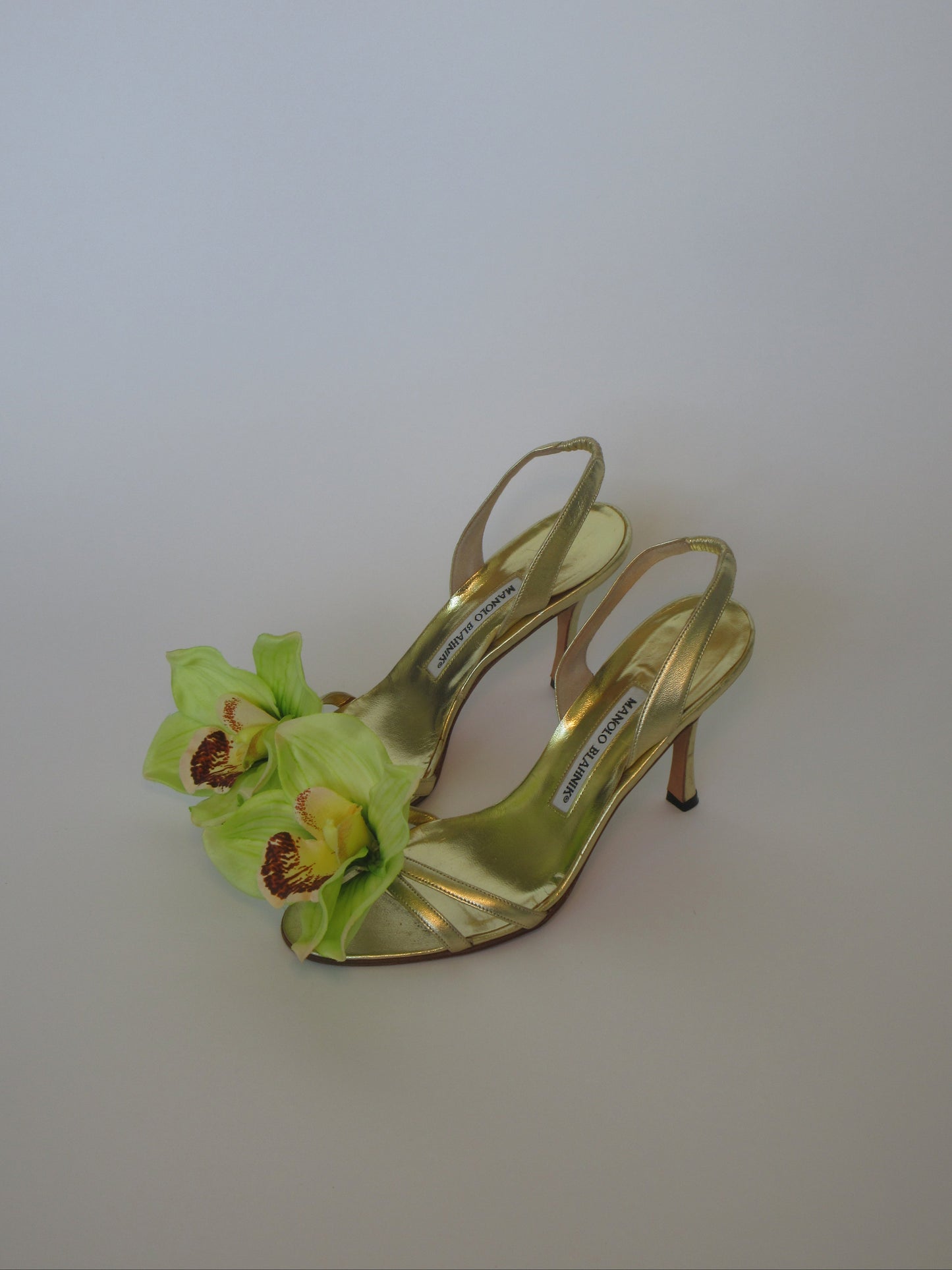 Reworked Upcycled Manolo Blahnik Gold Orchid Heels