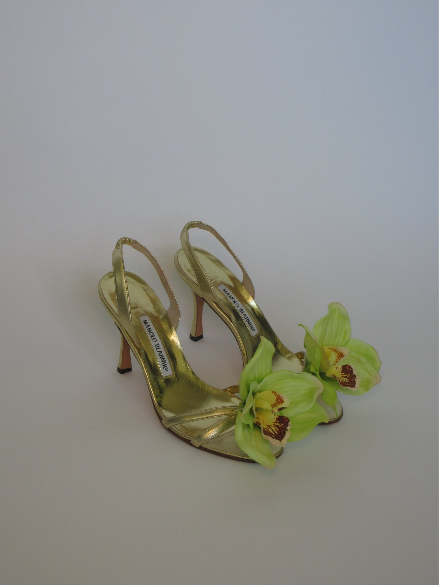 Reworked Upcycled Manolo Blahnik Gold Orchid Heels