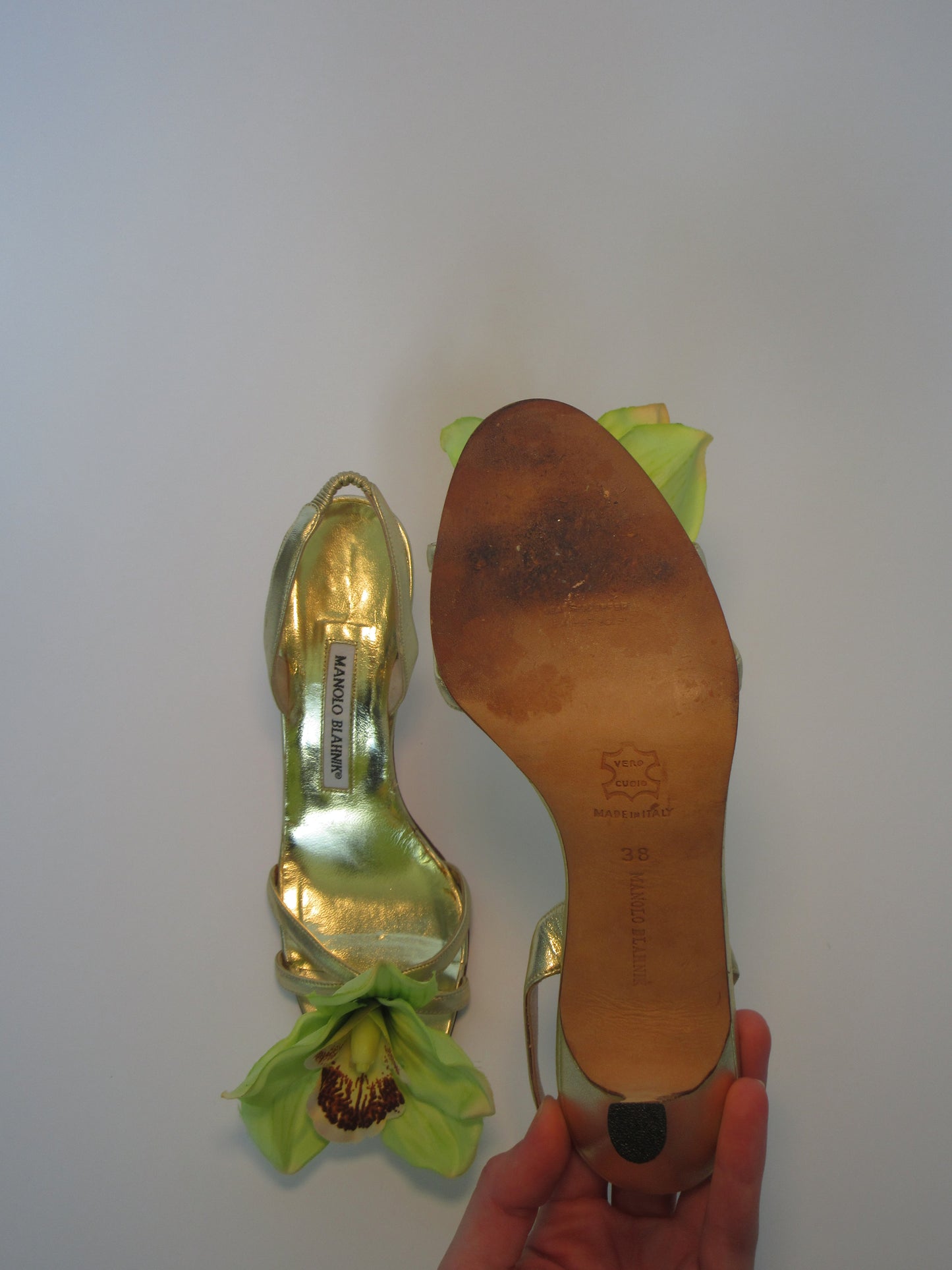 Reworked Upcycled Manolo Blahnik Gold Orchid Heels