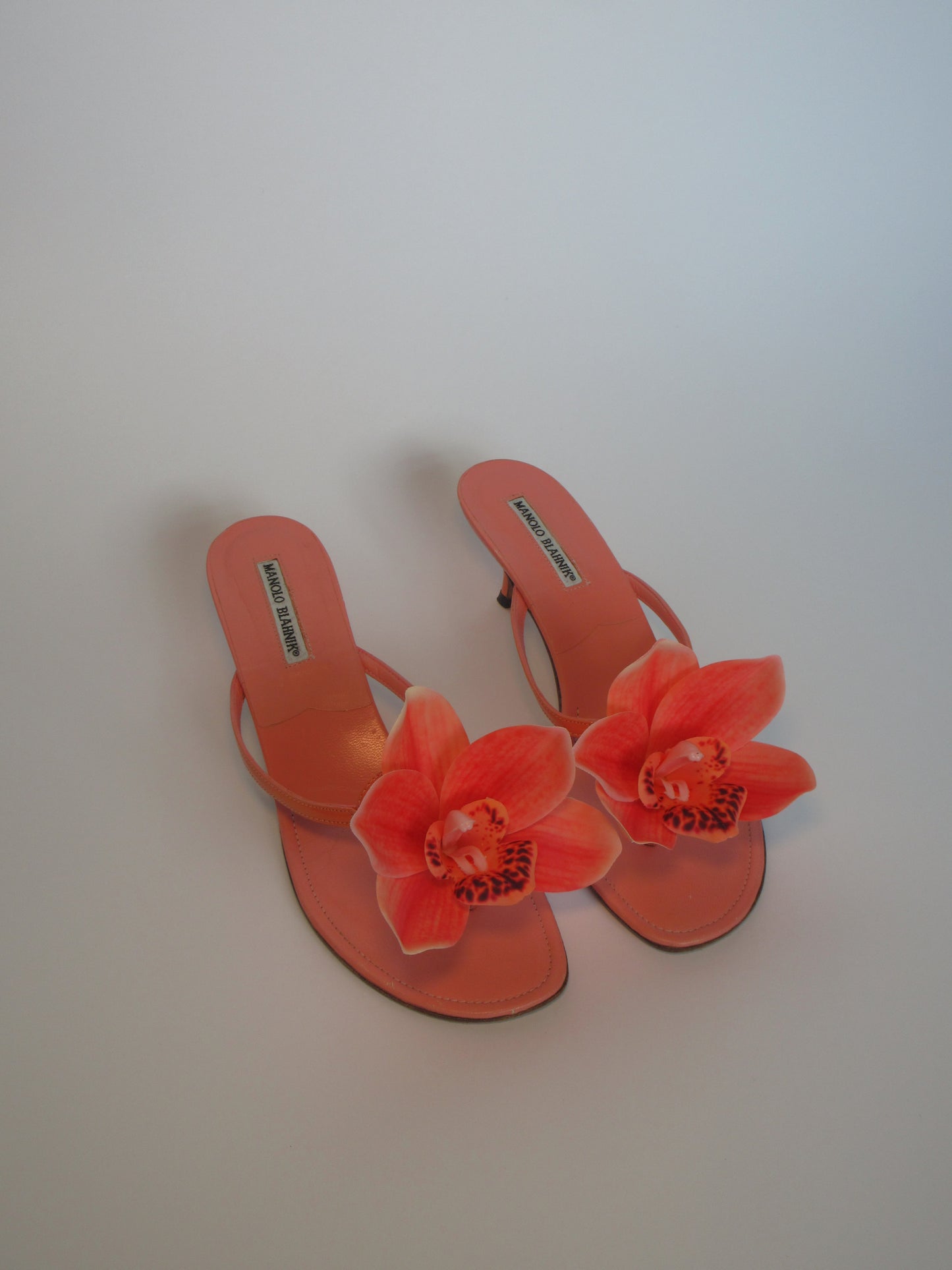 Reworked Upcycled Manolo Blahnik Coral Orchid Sandals