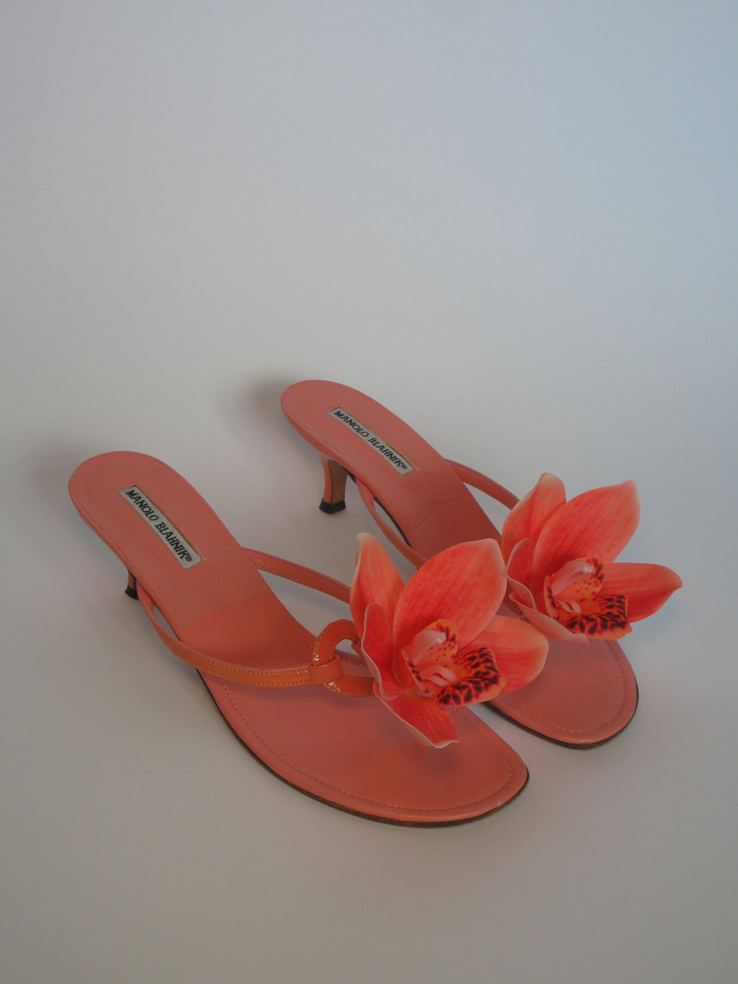 Reworked Upcycled Manolo Blahnik Coral Orchid Sandals