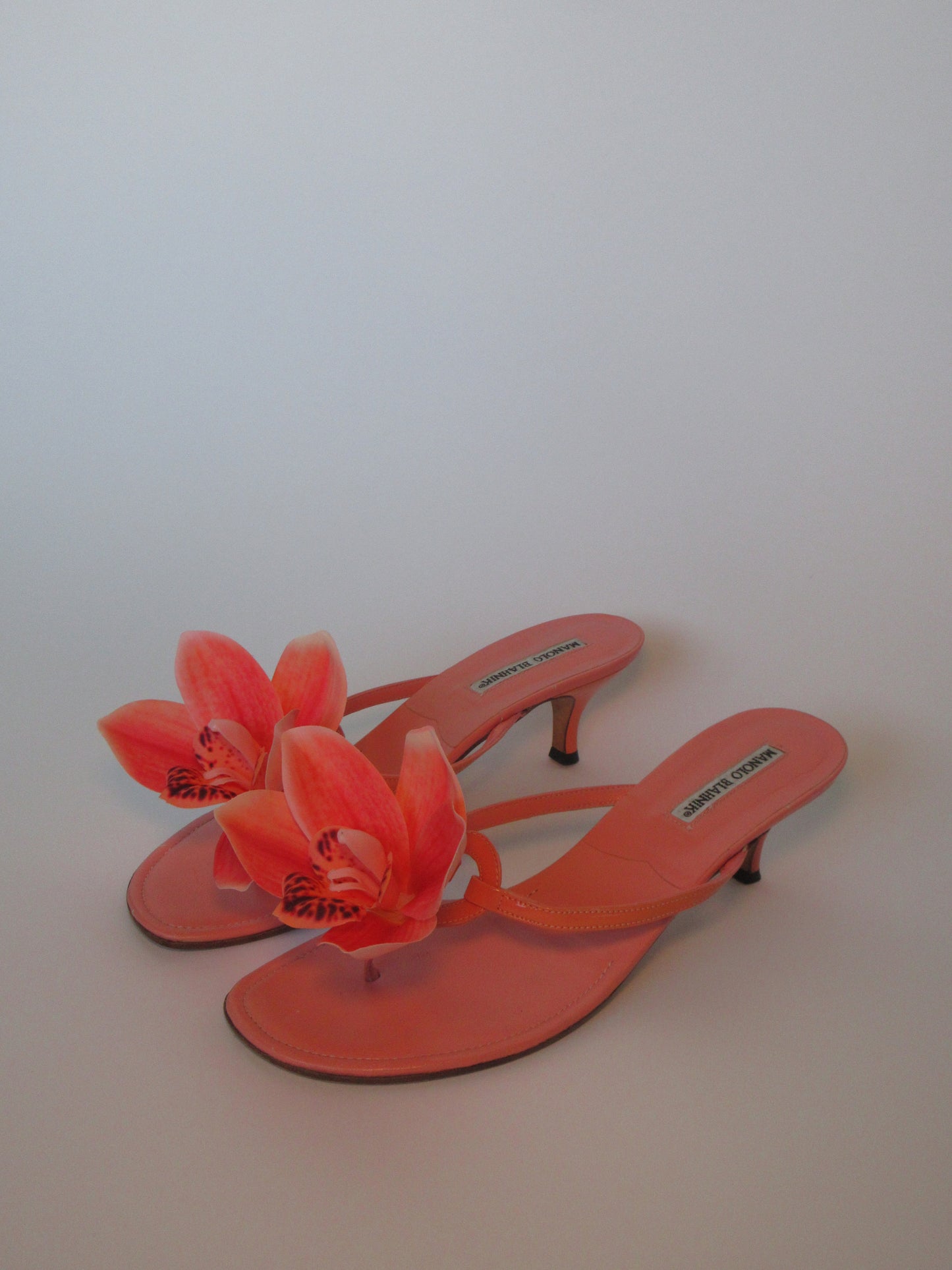 Reworked Upcycled Manolo Blahnik Coral Orchid Sandals