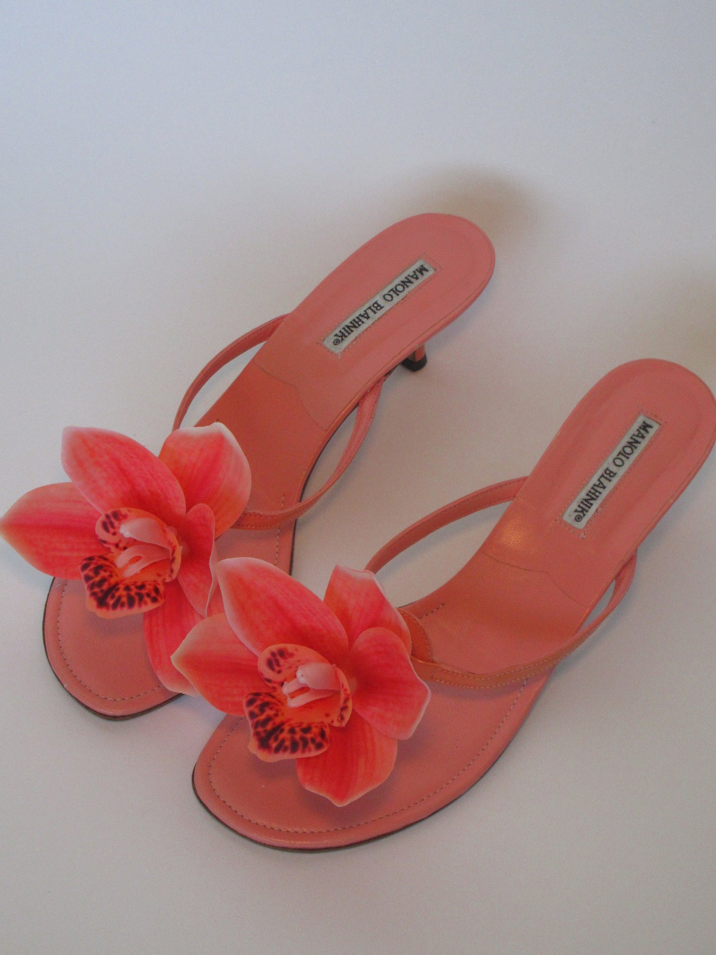 Reworked Upcycled Manolo Blahnik Coral Orchid Sandals