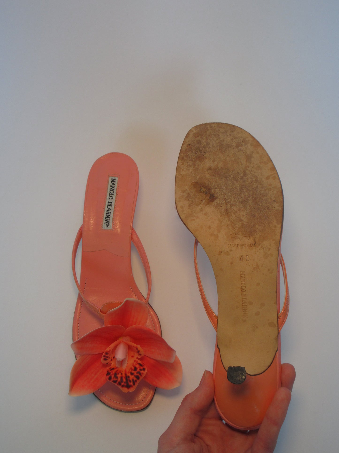 Reworked Upcycled Manolo Blahnik Coral Orchid Sandals