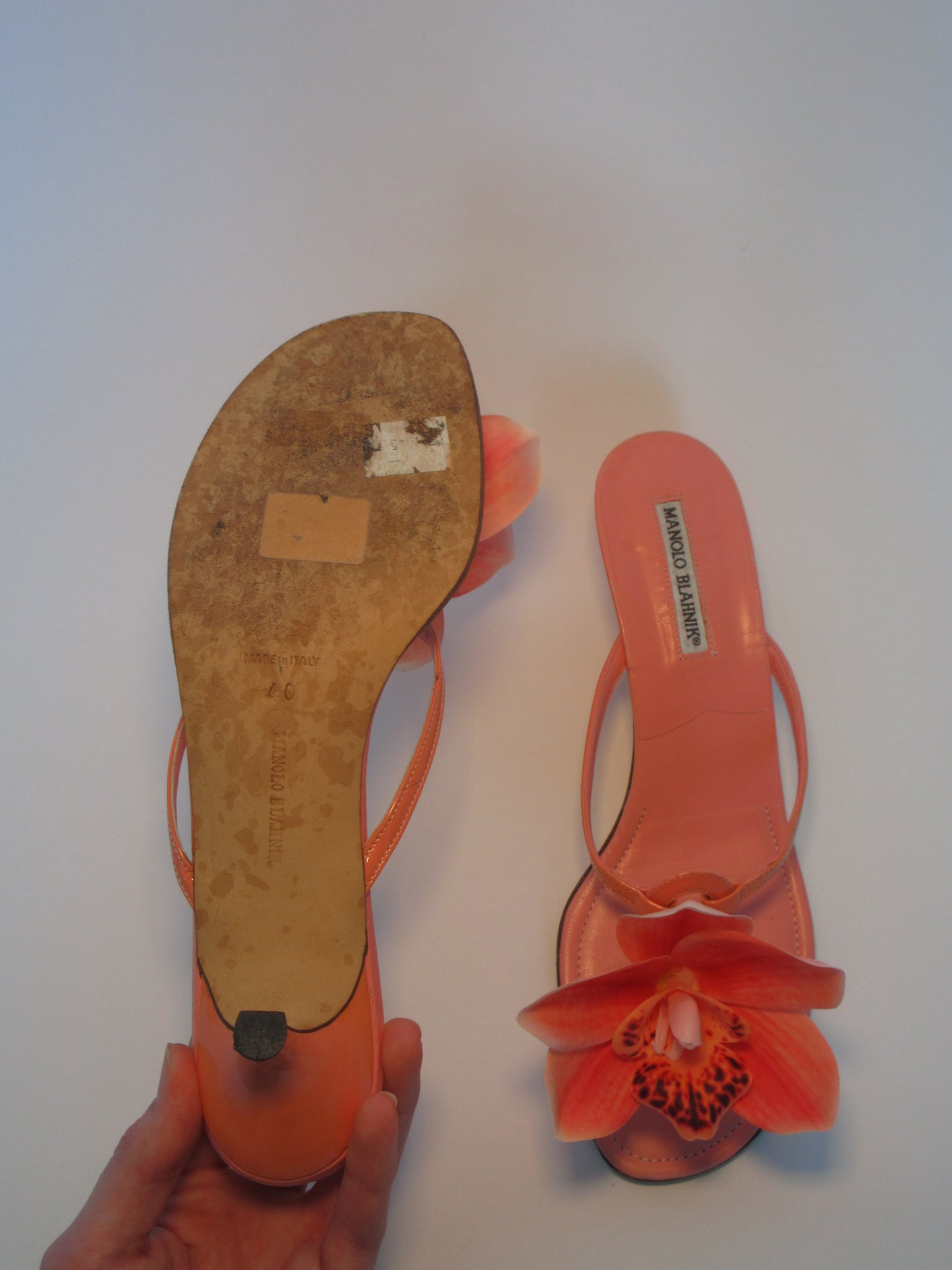 Reworked Upcycled Manolo Blahnik Coral Orchid Sandals